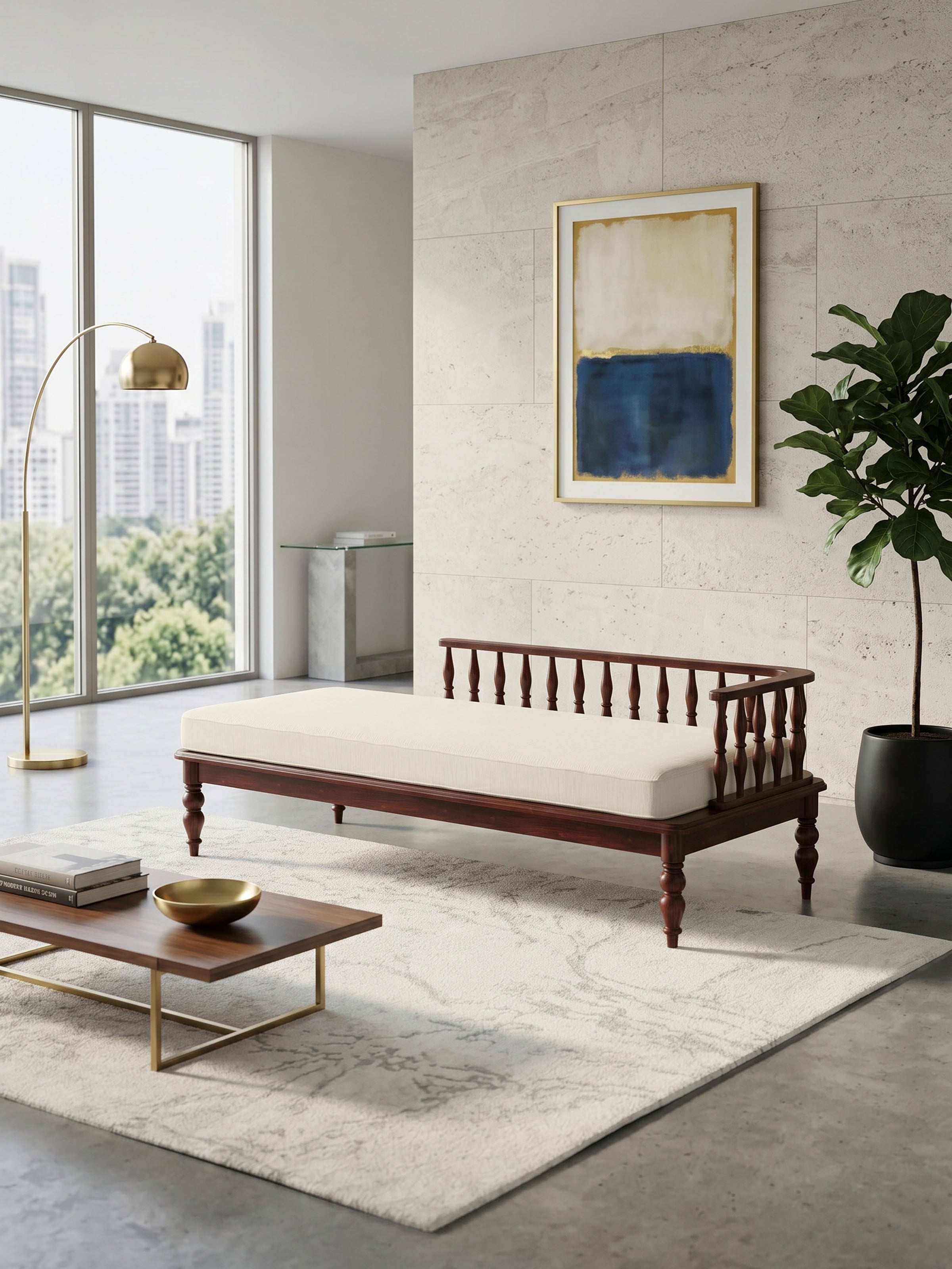 Teak Finish Upholstered Sheesham Wood Daybed