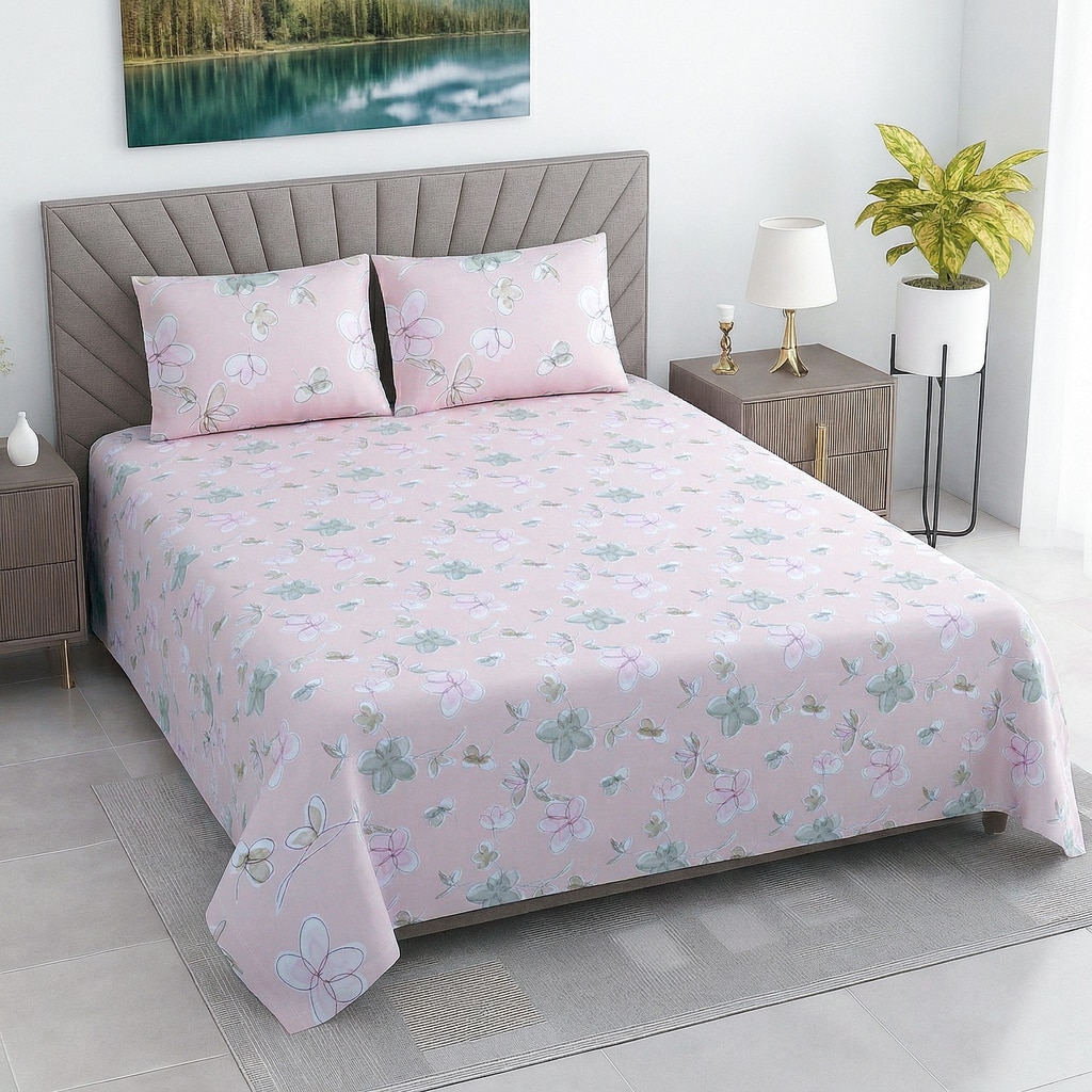 Maan Pink Floral 400 TC Cotton Flat Double Queen Size Bedsheet with 2 Pillow Covers – Threads - Threads