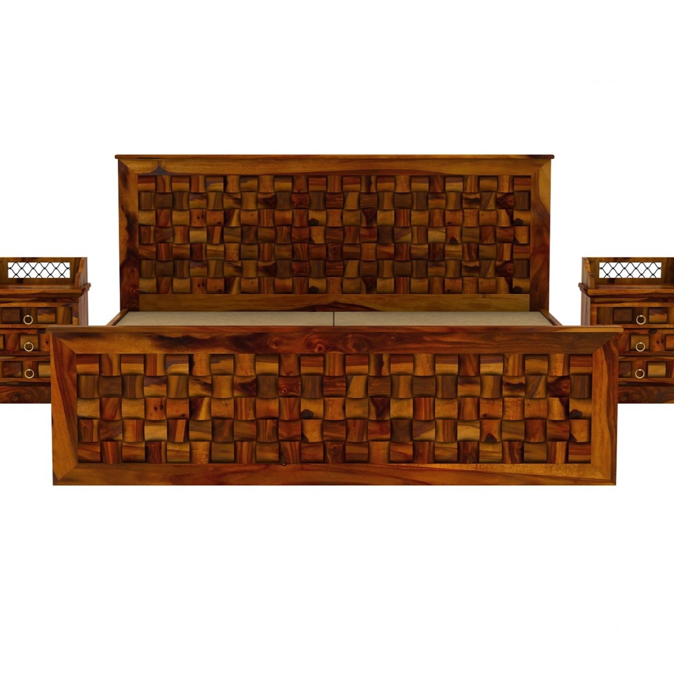 Moglis Solid Wood King  Size Bed With Drawer Storage Bed In Honey Oak Finish