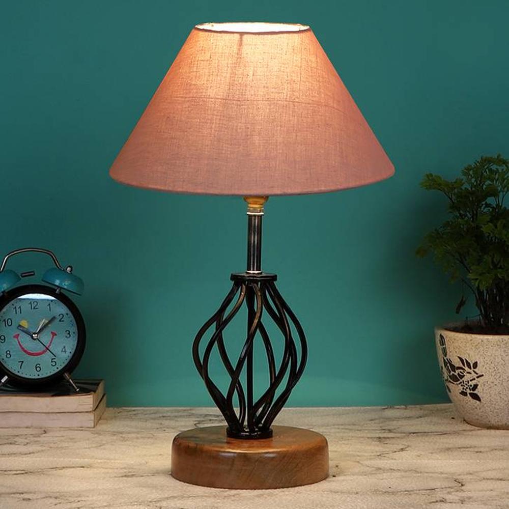 Alivia Grey cotton Table lamp with Wood & Iron Base