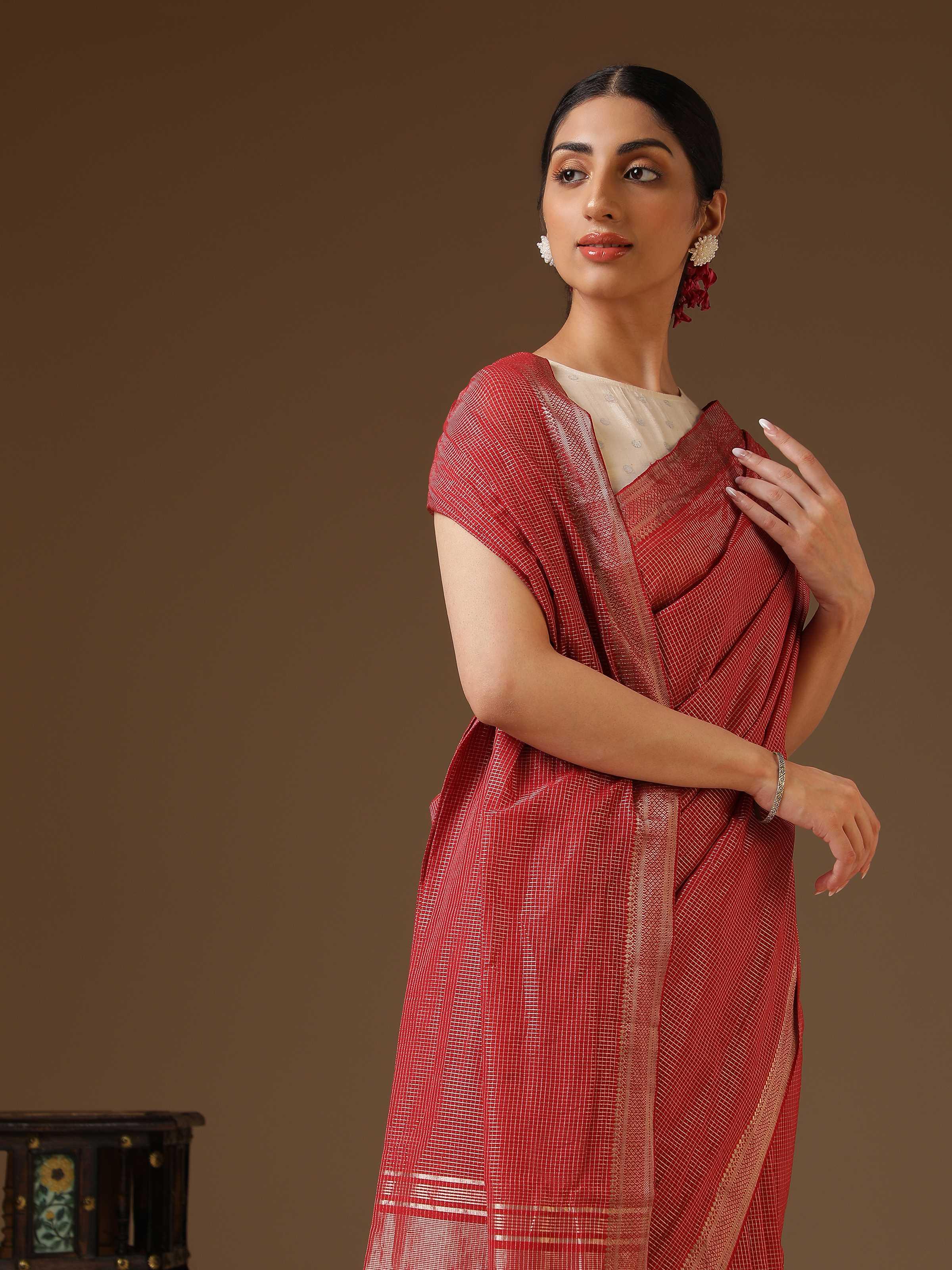 Red Cotton Blend Mangalgiri Saree