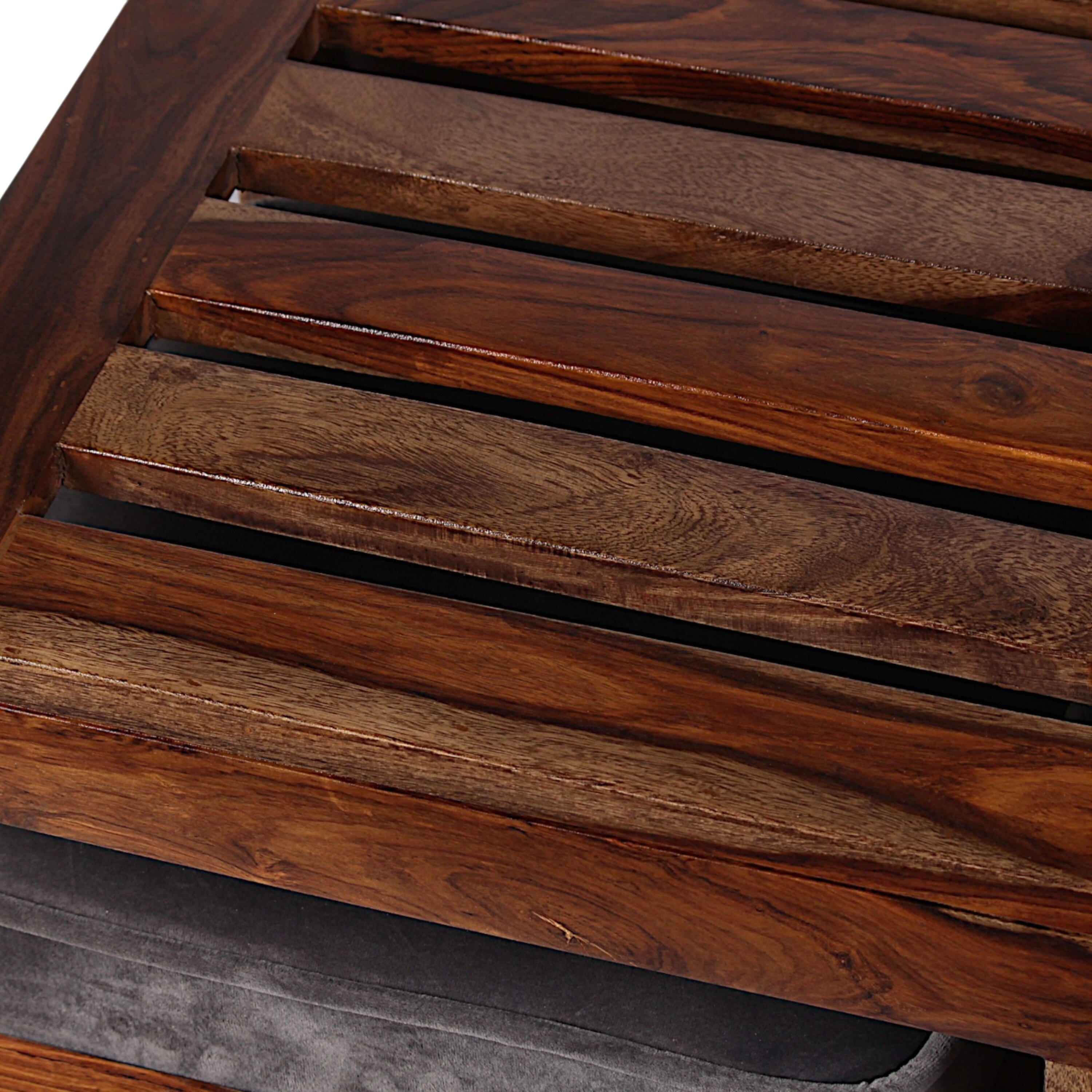 Palladio Sheesham Wood Coffee Table With 4 Stools Set In Teak Finish & Iron Grey Velvet Fabric Cushions