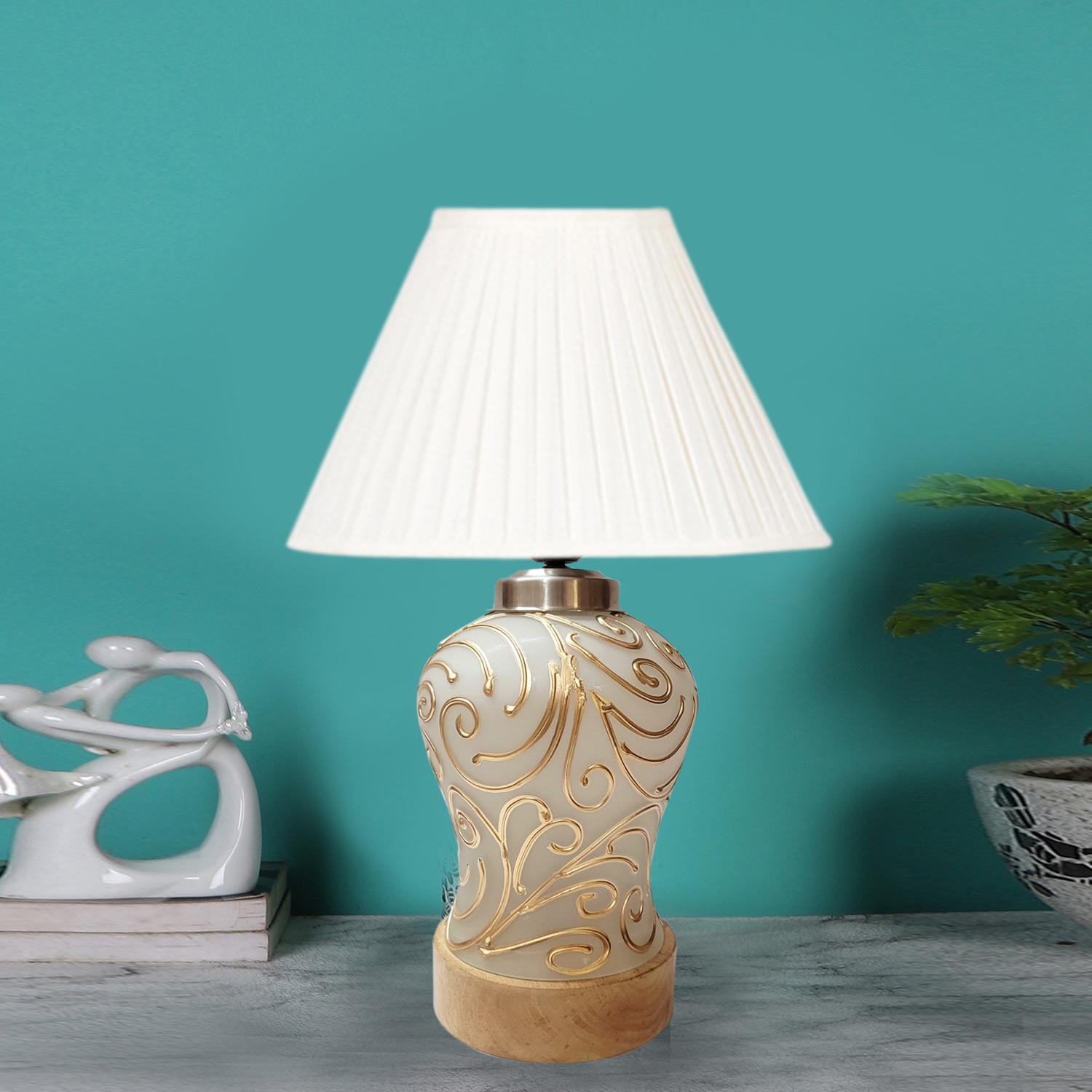 Devansh Off-White Knife Pleated Cotton  Shade  Lamp With  Wood & Mosaic Glass Base For Decoration /Office/Home/Gifting/Study For Office/Home/Gifting -(12X12X16) Inches -