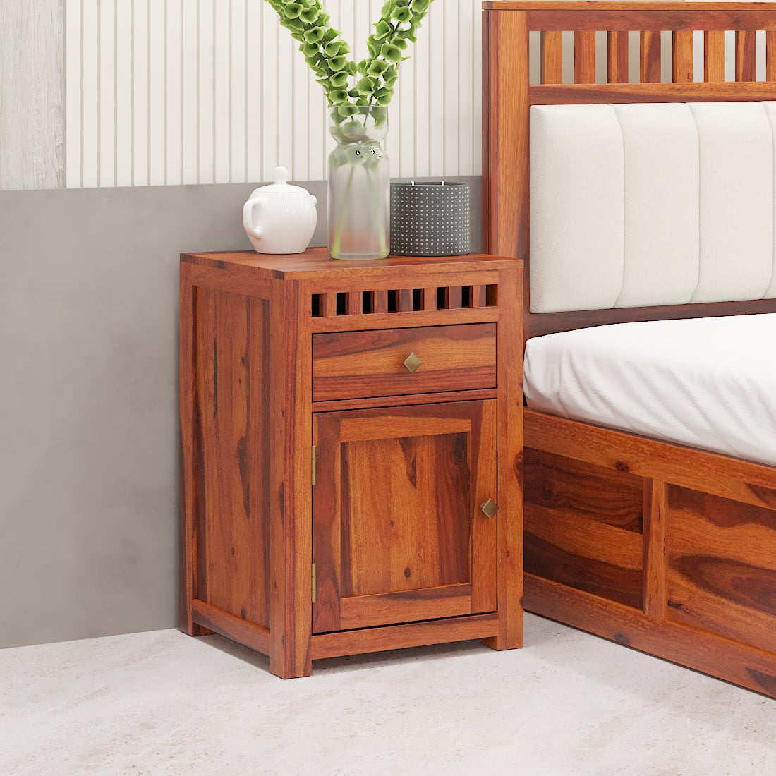 Vrinda Shesham Solid Wood 1 Door & 1 Drawer Bedside In Honeyoak Finish