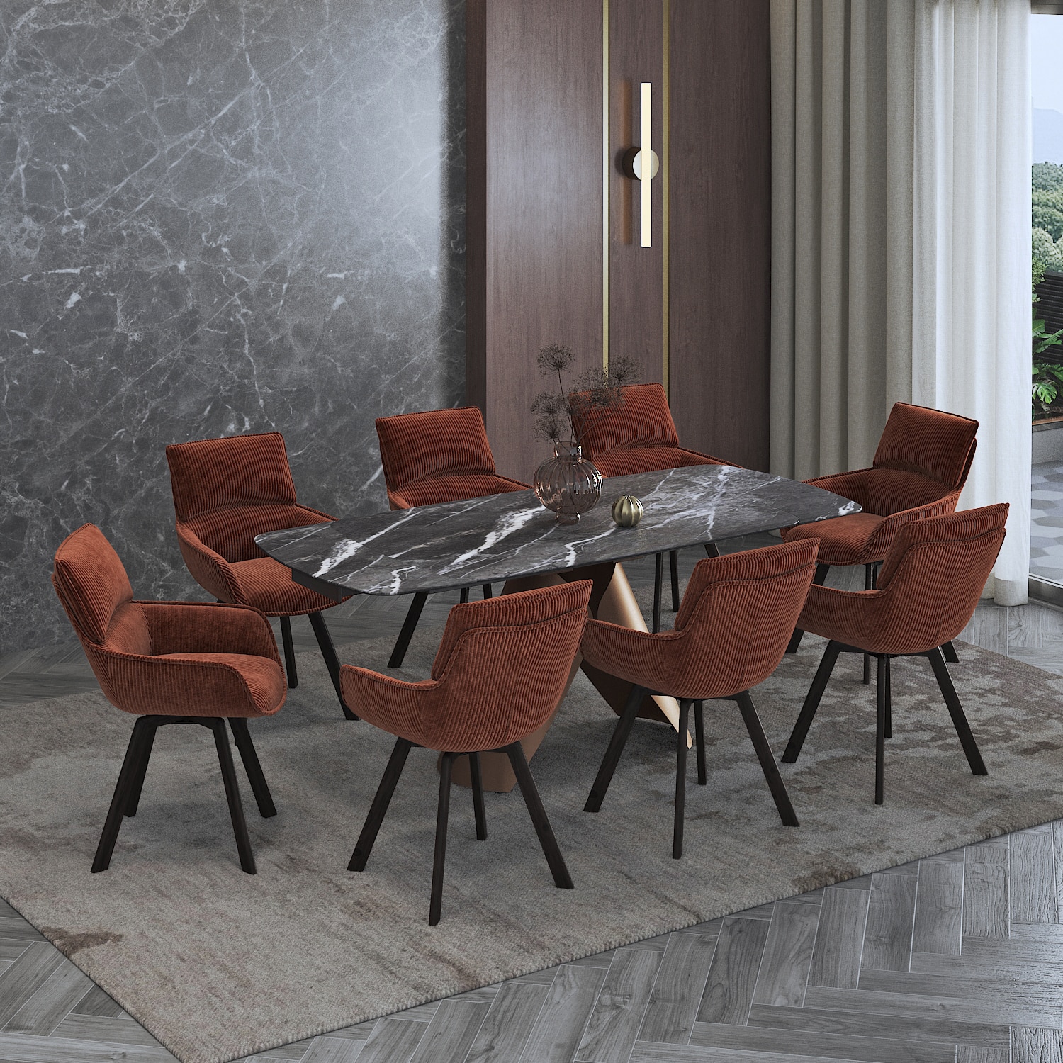 Aeris Ceramic 6 To 8 Seater Extendable Dining Table With 6  Bren Dining Chairs (Finish : Black Jade, Chair Colour : Auburn)