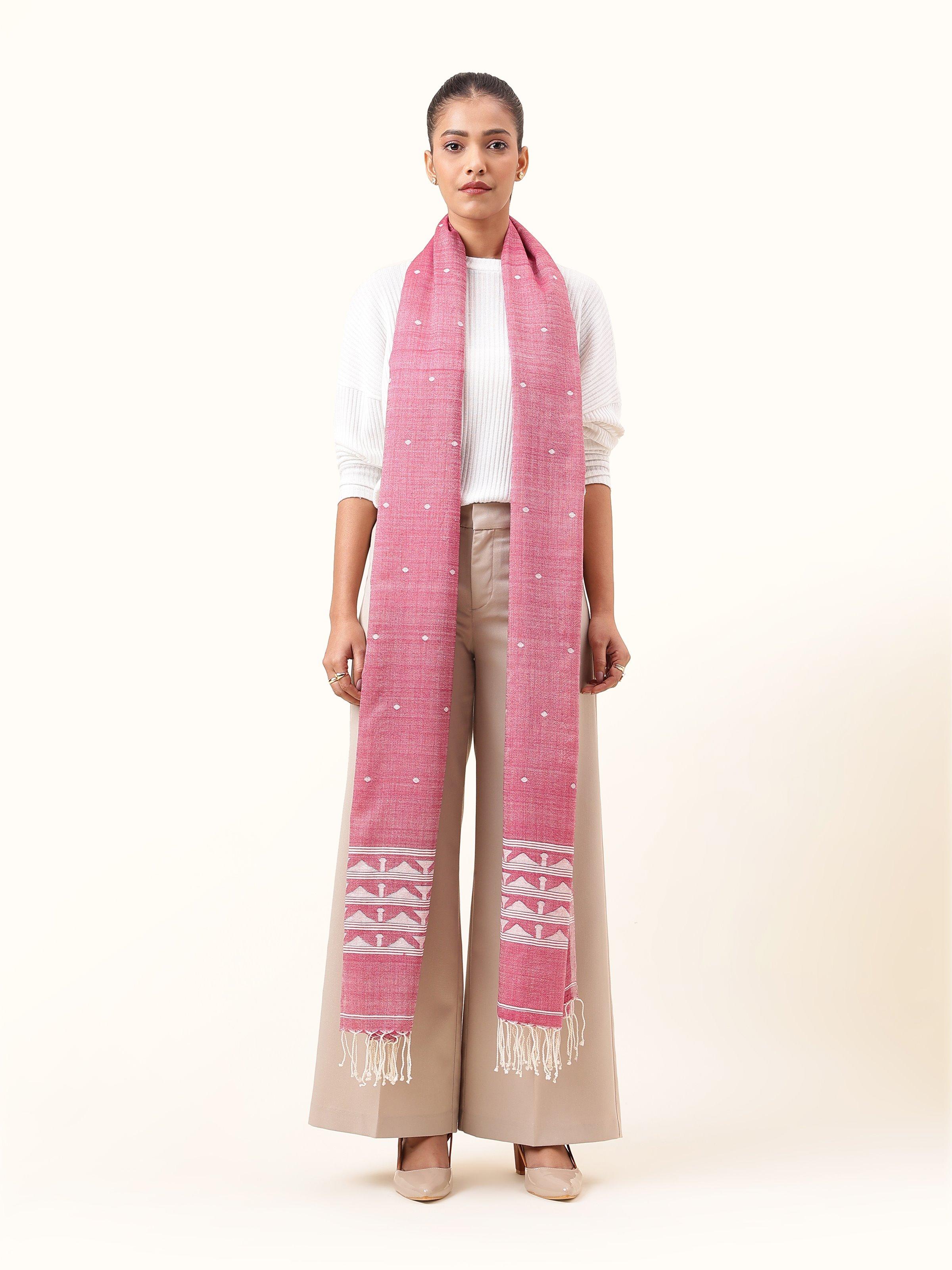 Front view of maroon woollen Jamdani shawl featuring intricate woven floral motifs.