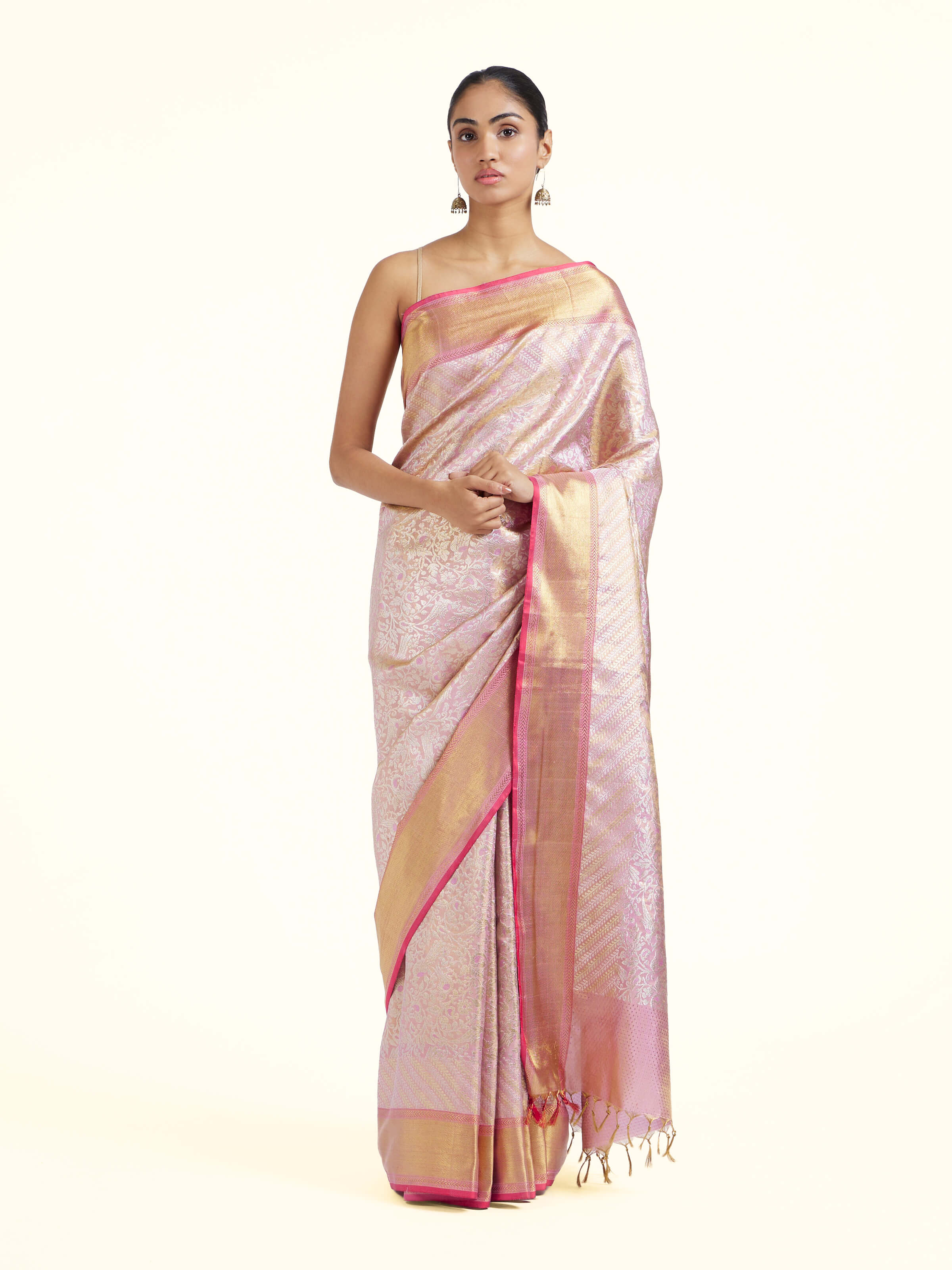 Front view of mauve silk Kancheepuram saree with rich zari border