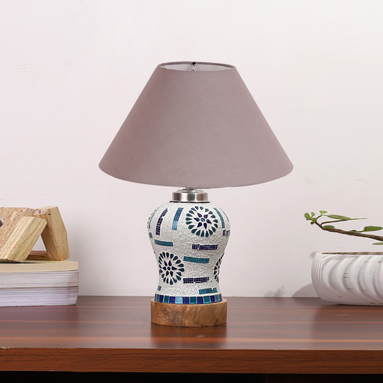Devansh Conical Grey Cotton Shade Lamp With Wood & Mosaic Glass Base For Decoration/Office/Home/Gifting/Study For Decoration/Office/Home/Gifting/Study -(10X10X14.5) Inches -A