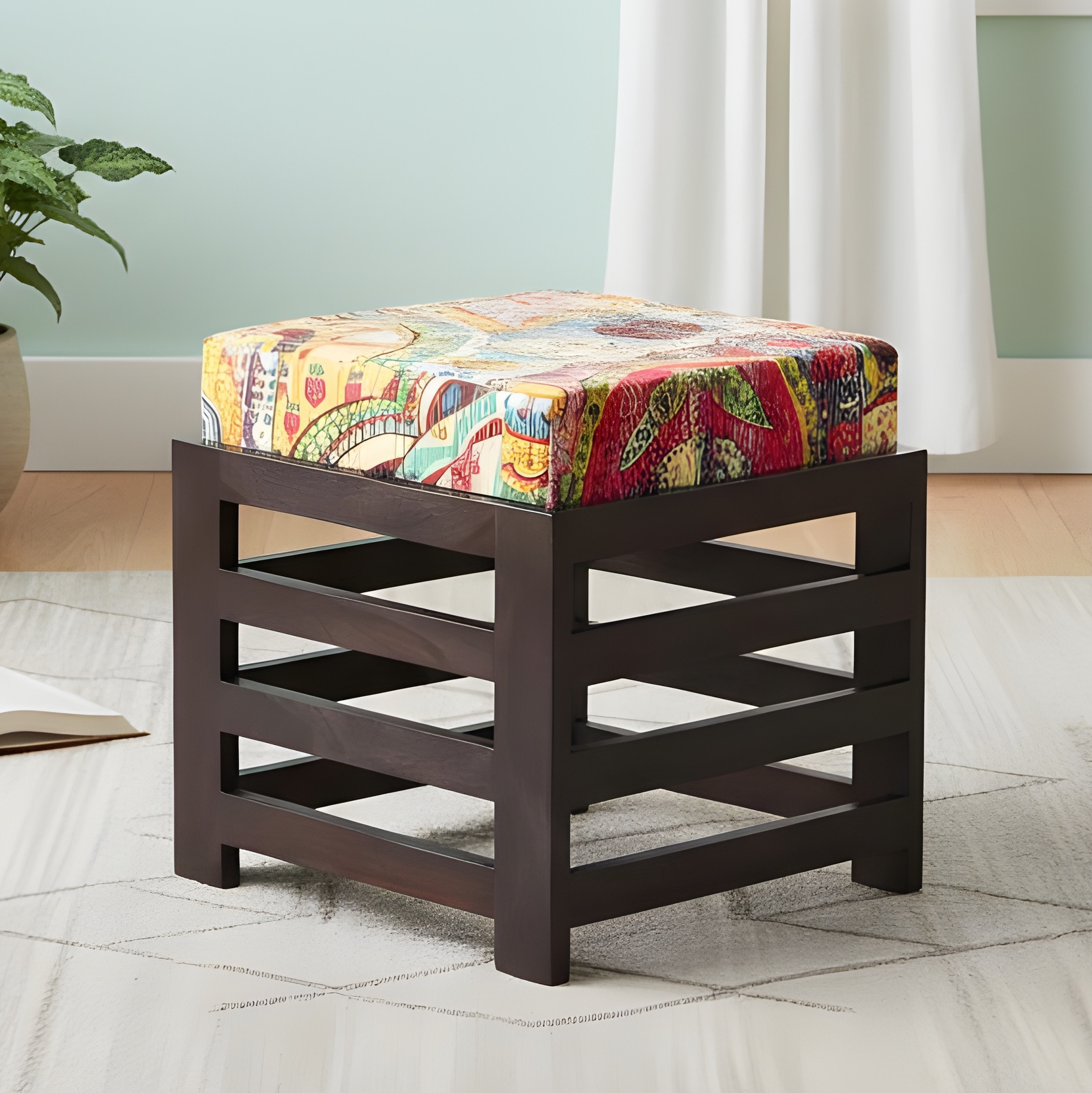 Houston Sheesham Wood Stool in Mahogany Finish & Multi Colour Israel Print Kantha fabric Cushion
