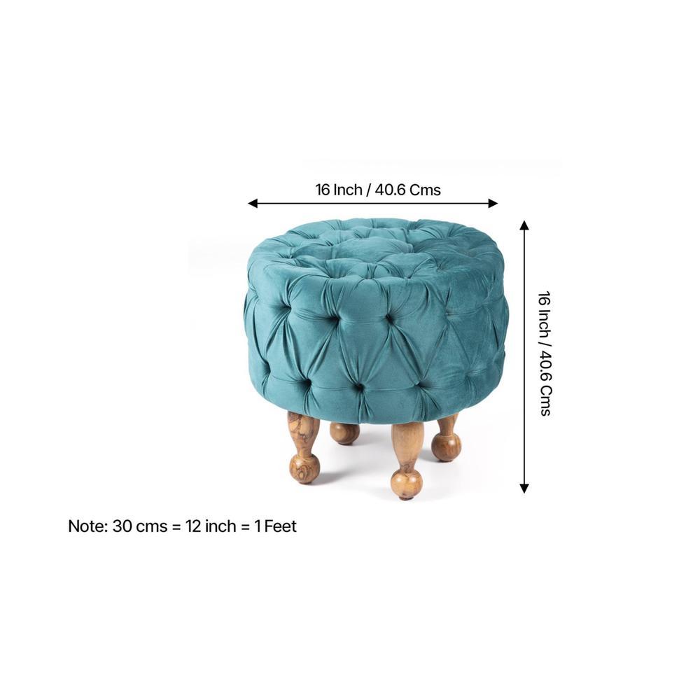 Louisville Acacia Wood Accent Round Pouf Stool in Turquoise