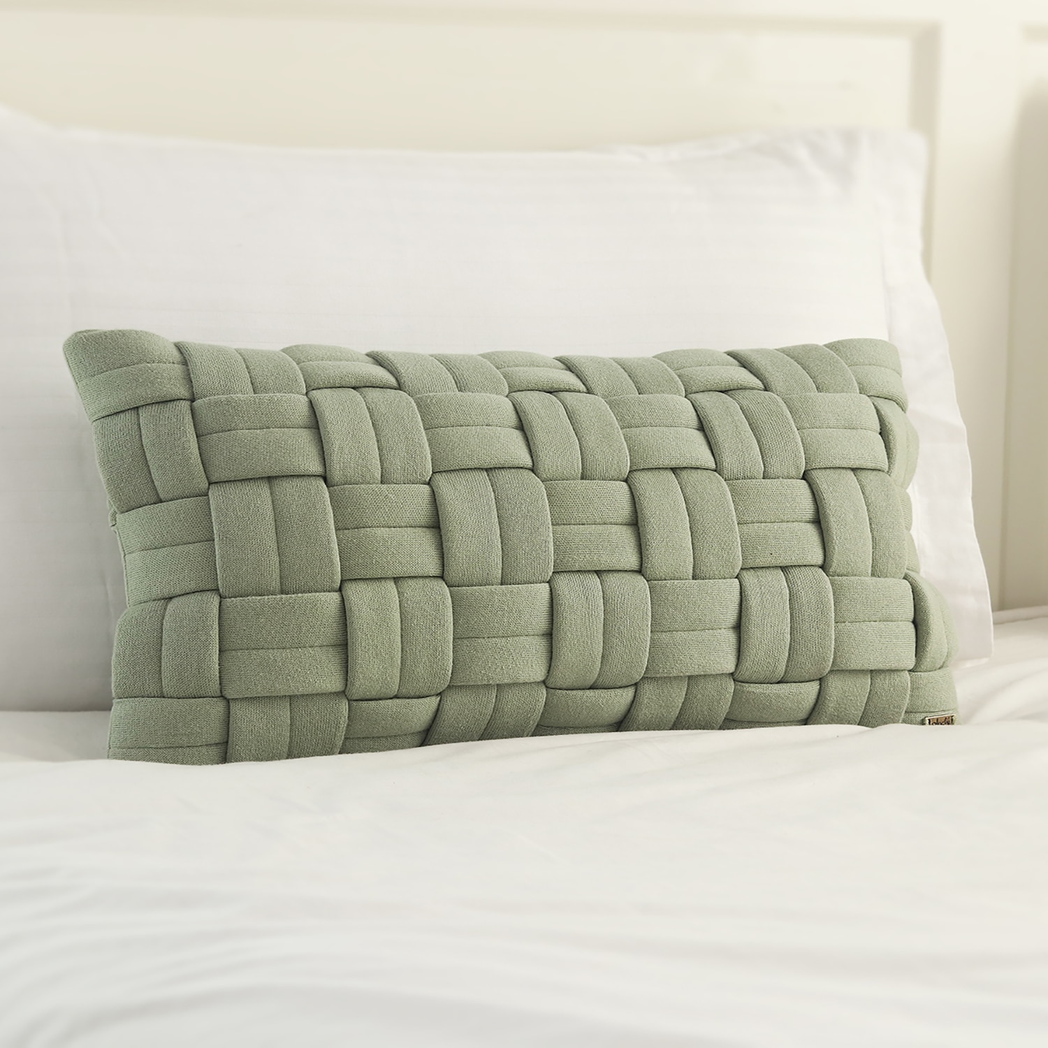 Basket Knit Pistachio Green Cotton Pillow Cover 12X20 Inches - Pluchi