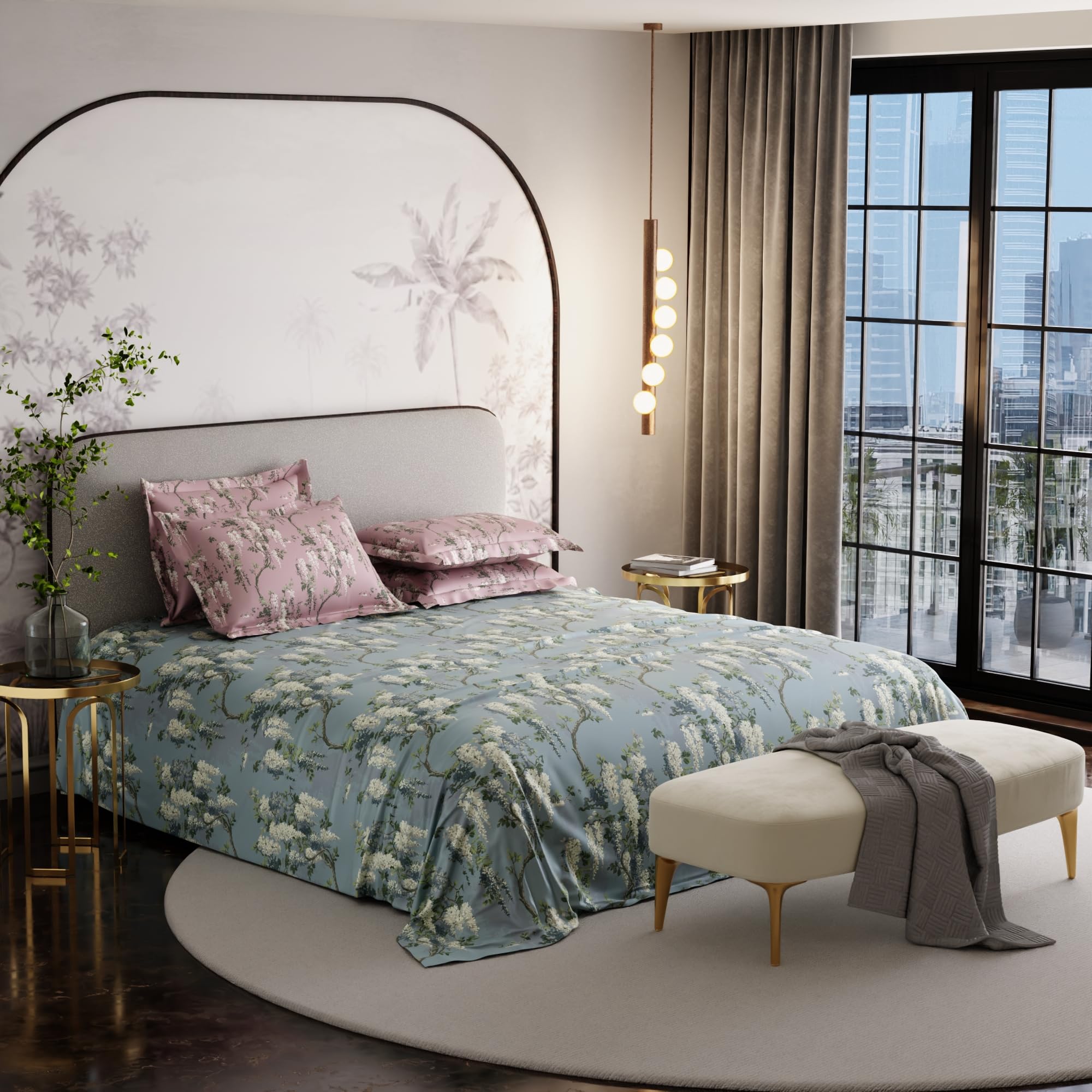 Stoa Paris Super King Size Cotton Bedsheet with 4 Pillow Covers  Size Wild Magnolia Blue - Stoa Paris