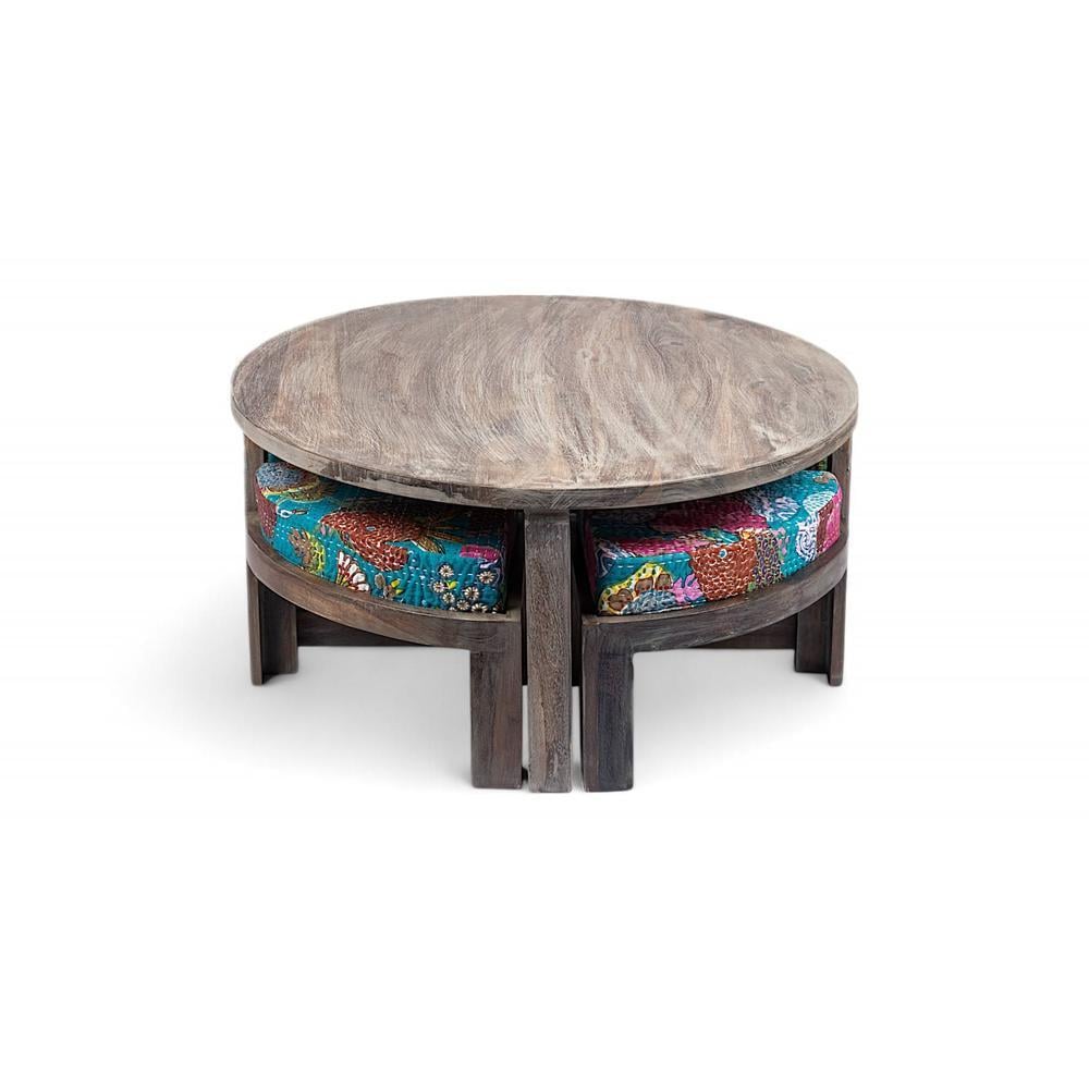 Nashville Sheesham Wood 4 Seater Coffee Table Set In Antique Grey Finish Floral Print Green Kantha Cushion