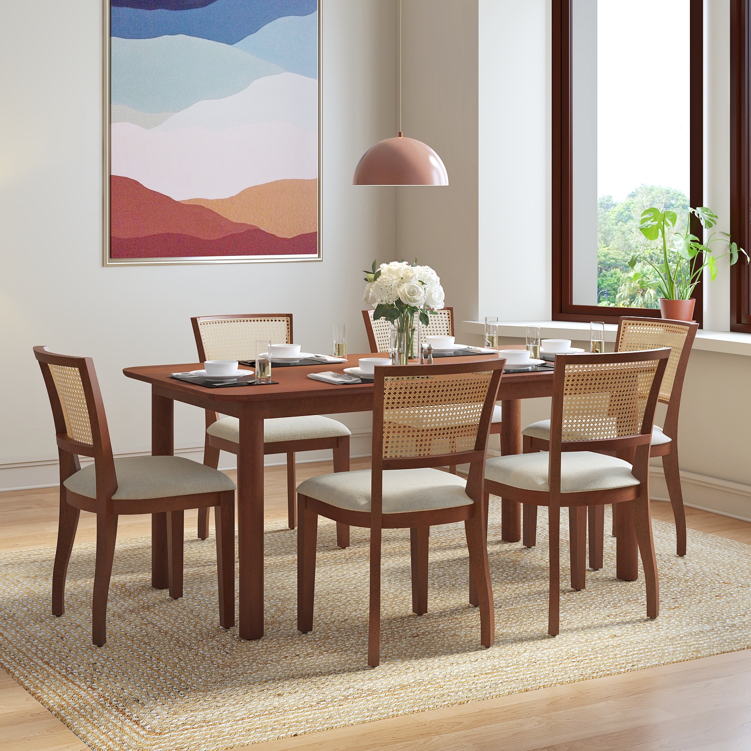 Dane Solid Wood Dining Table 6 Seater with 6 Reed Cane Dining Chairs (Finish: Honey, Colour: Macadamia Brown) - Urban Ladder