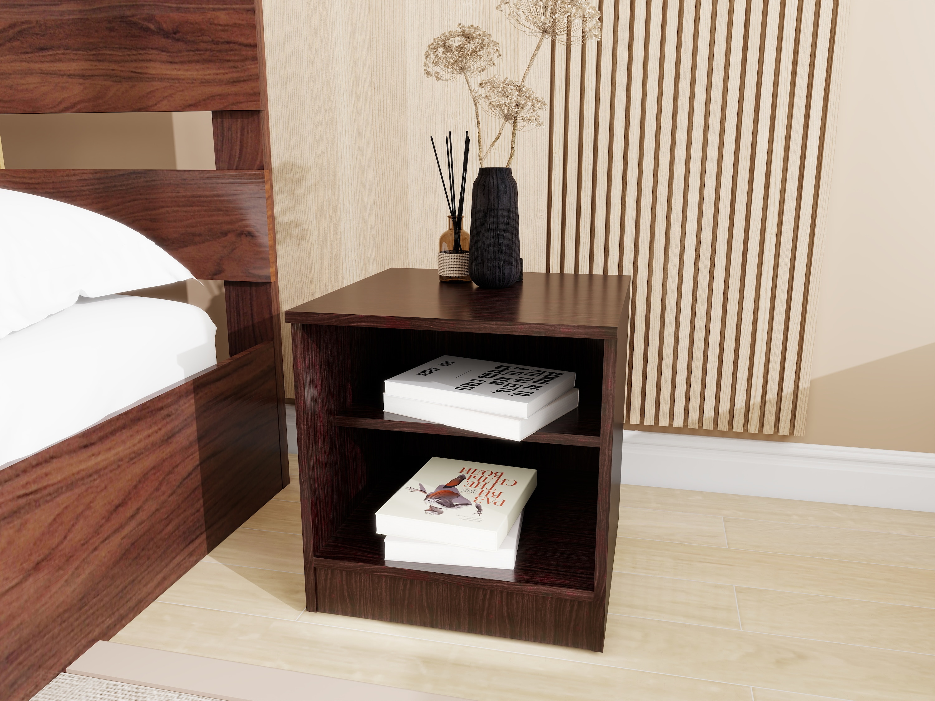 Yumako Harmony Bedroom Set – Queen Bed, 3-Door Wardrobe & Bedside Table in Walnut Finish – Engineered Wood