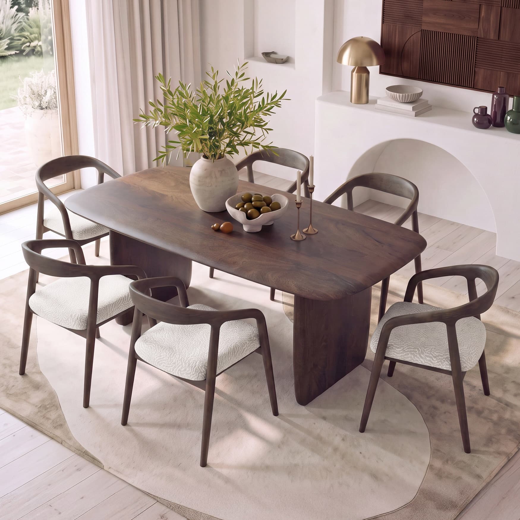 Zen Rectangular Solid Wood 6 Seater Dining Table With 6 Zen Solid Wood Dining Chair (Finish: Danish Walnut, Colour: San Ripple) - Urban Ladder
