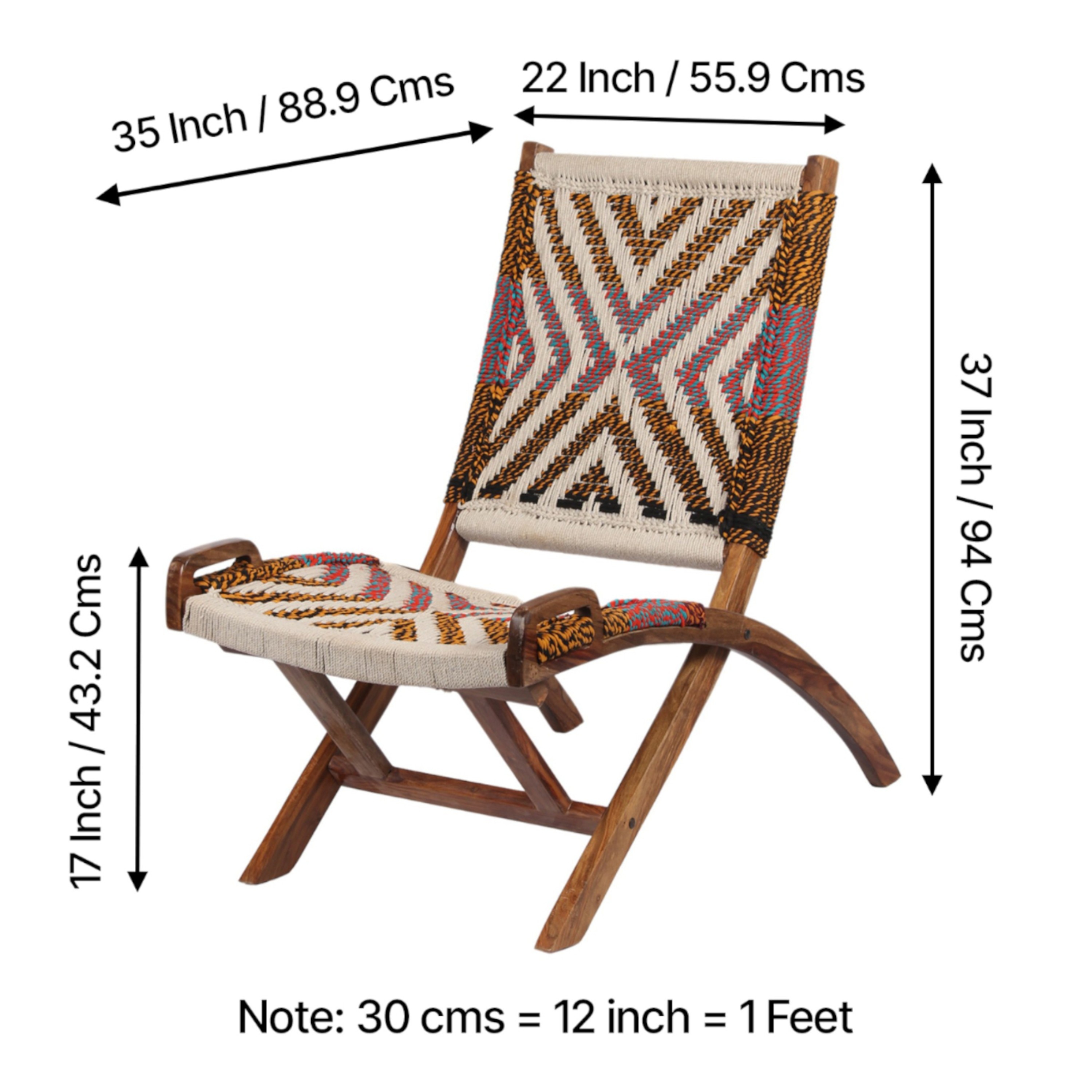NatWest Sheesham Wood Relaxing Lounge Chair in Assorted Multi-Colour Chindi and White Rope Canning