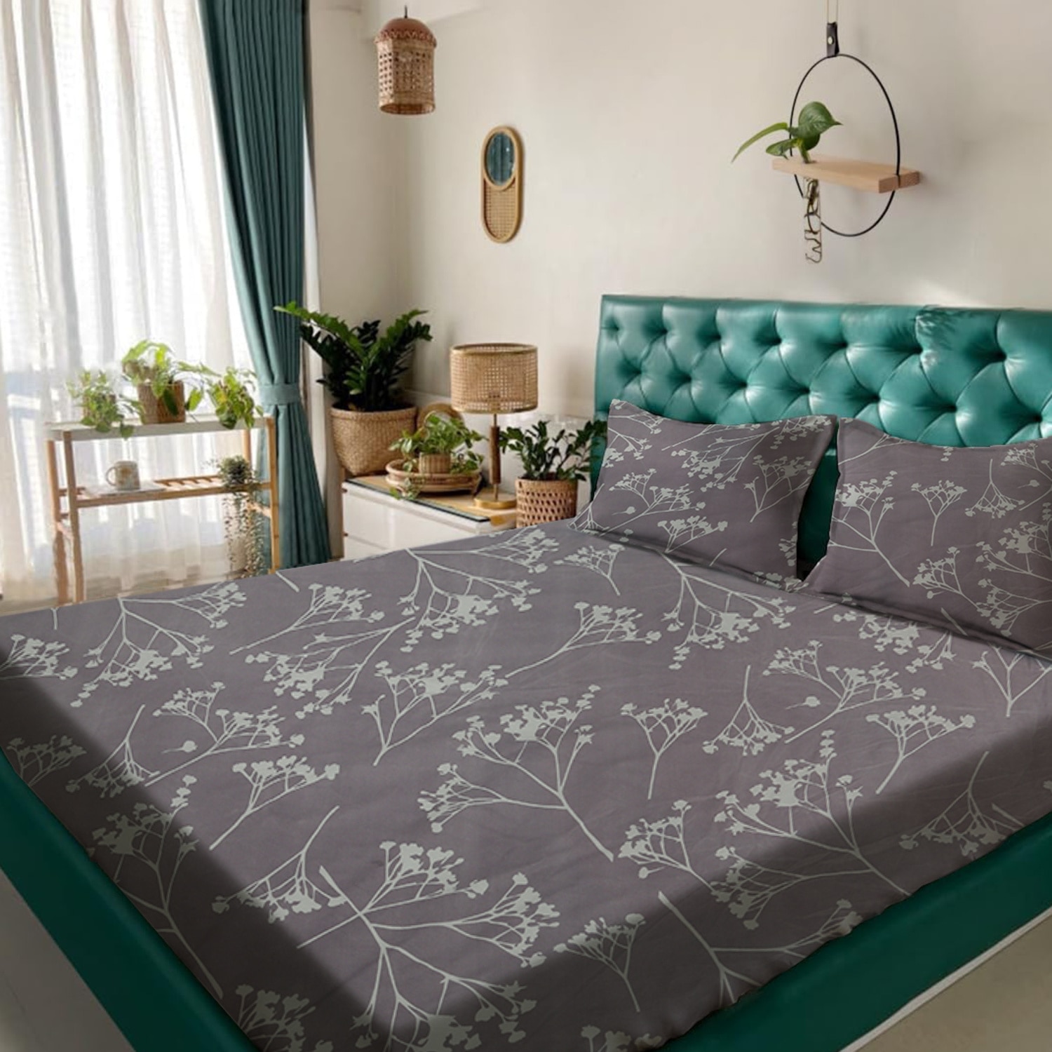 Purple Floral 180 TC Fitted 1 King  Bedsheet with 2 Pillow Covers