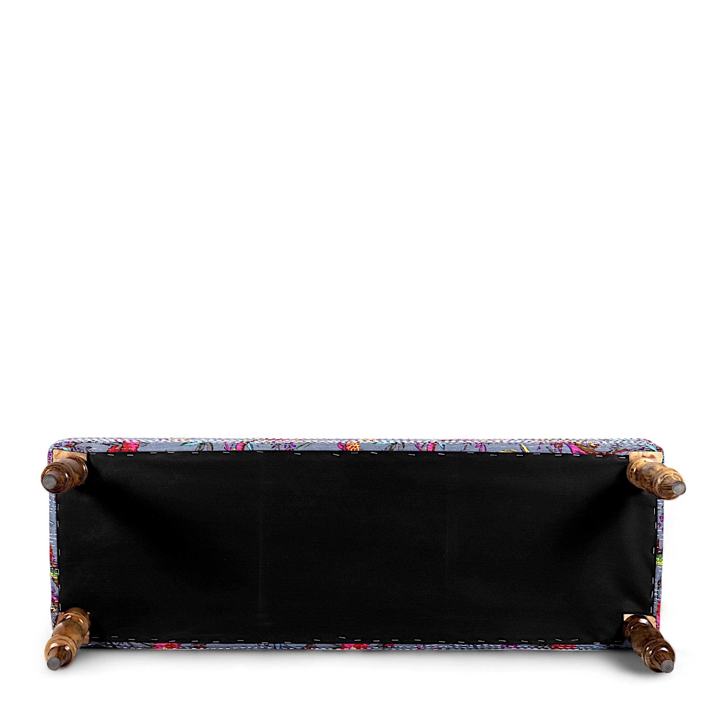 Cairo Solid Wood 2 Seater Bench In Bird Print Grey Kantha Fabric