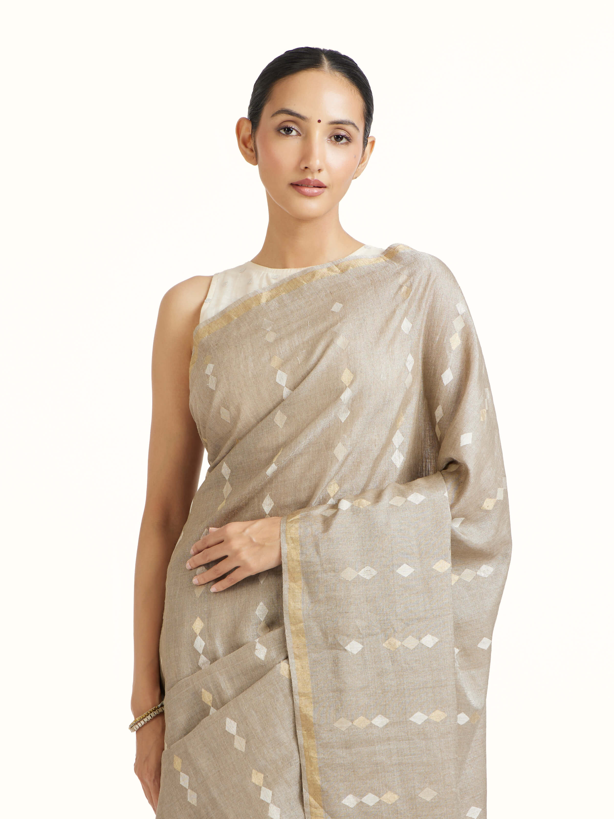 Light Grey Tussar Silk Saree
