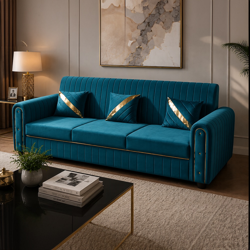 Nuha 3 Seater Sofa In Fabric Teal Color - AIAN Enterprises