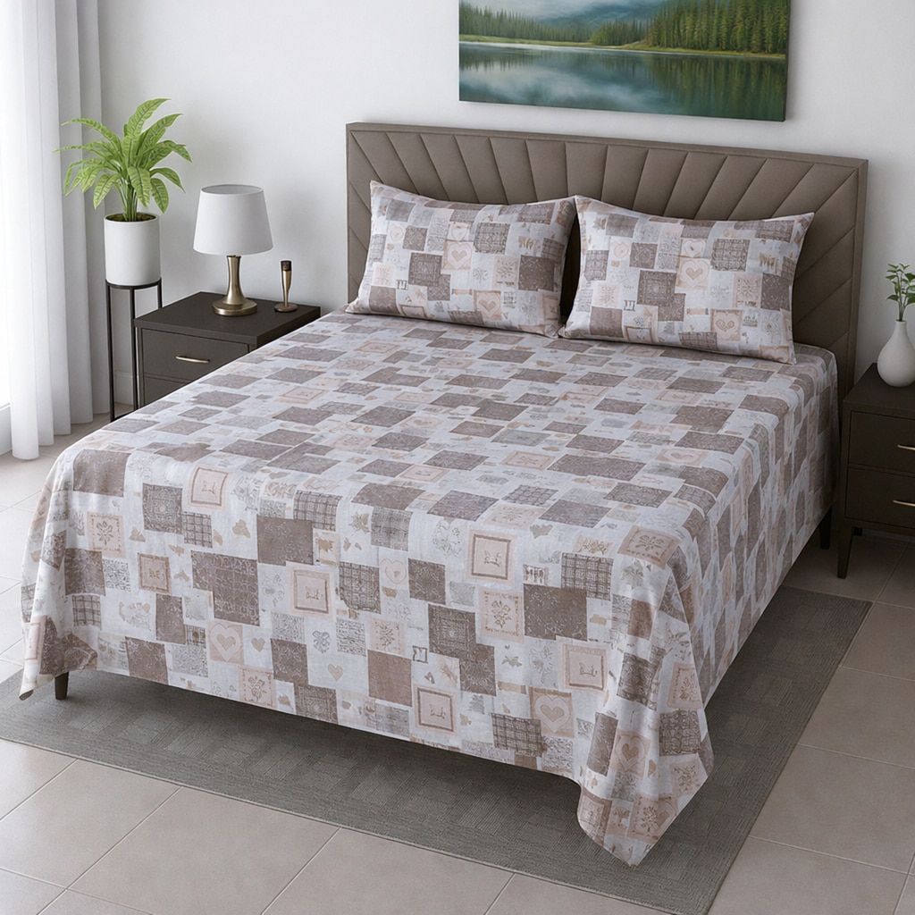 Orin White & Chocolate Floral 400 TC Cotton Flat Queen Size Bedsheet with 2 Pillow Covers – Threads