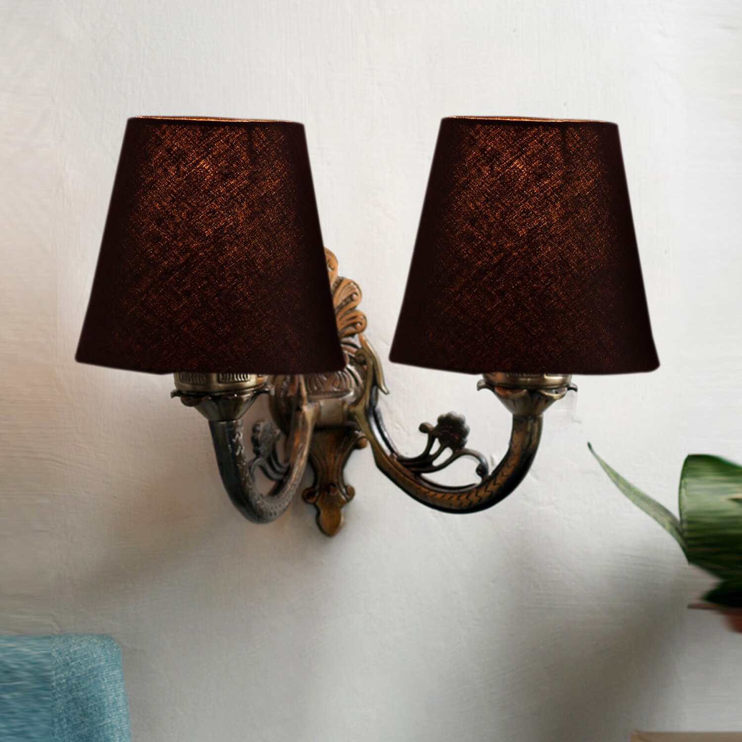 Devansh Metal Electric Wall Light in Antique Gold Colour with Black Shade Count of 2 Lights - Devansh