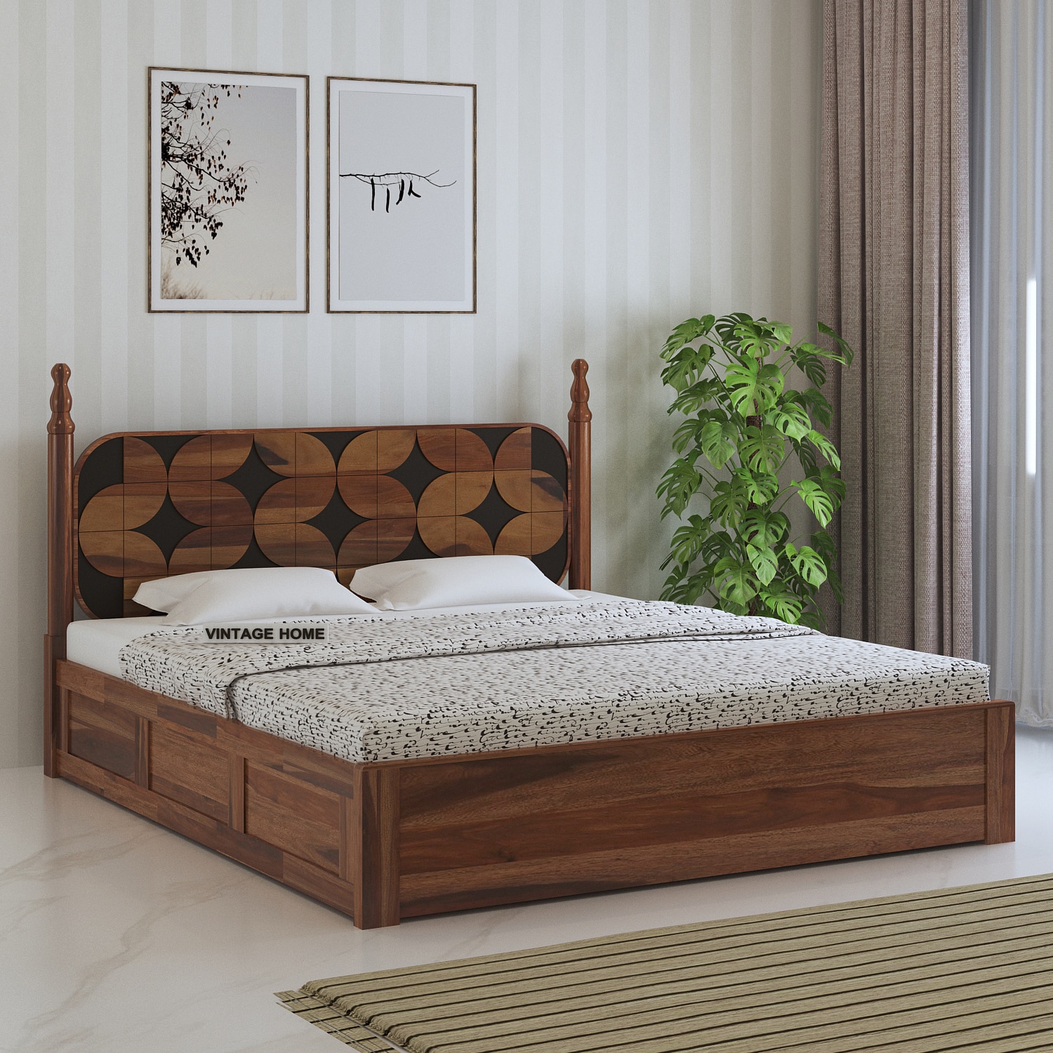 Rustic Sheesham Wood Queen Size Bed With Box Storage In Provincial Teak Finish-image-7