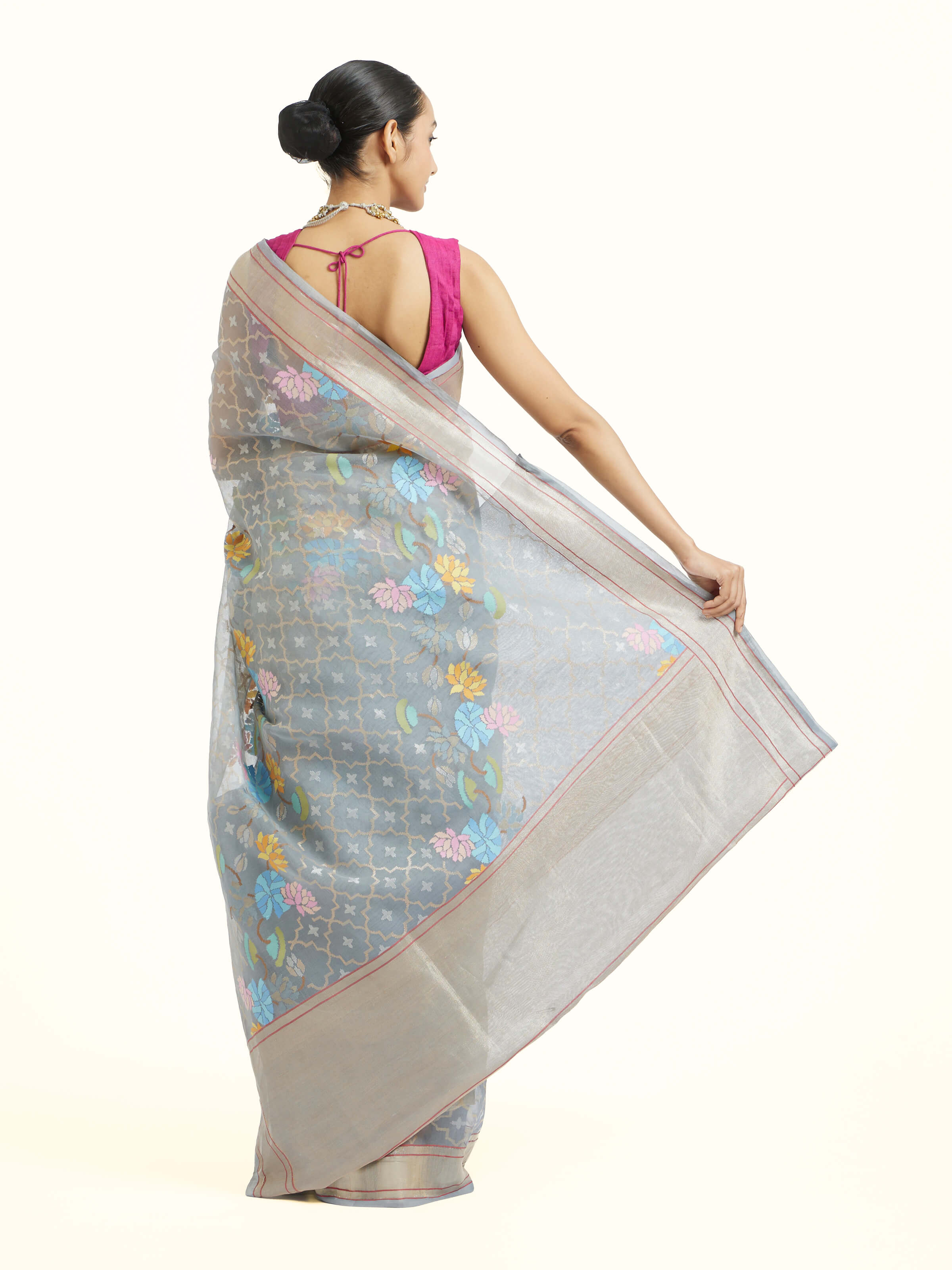 Grey Cotton Awadh Jamdani Banarasi Saree