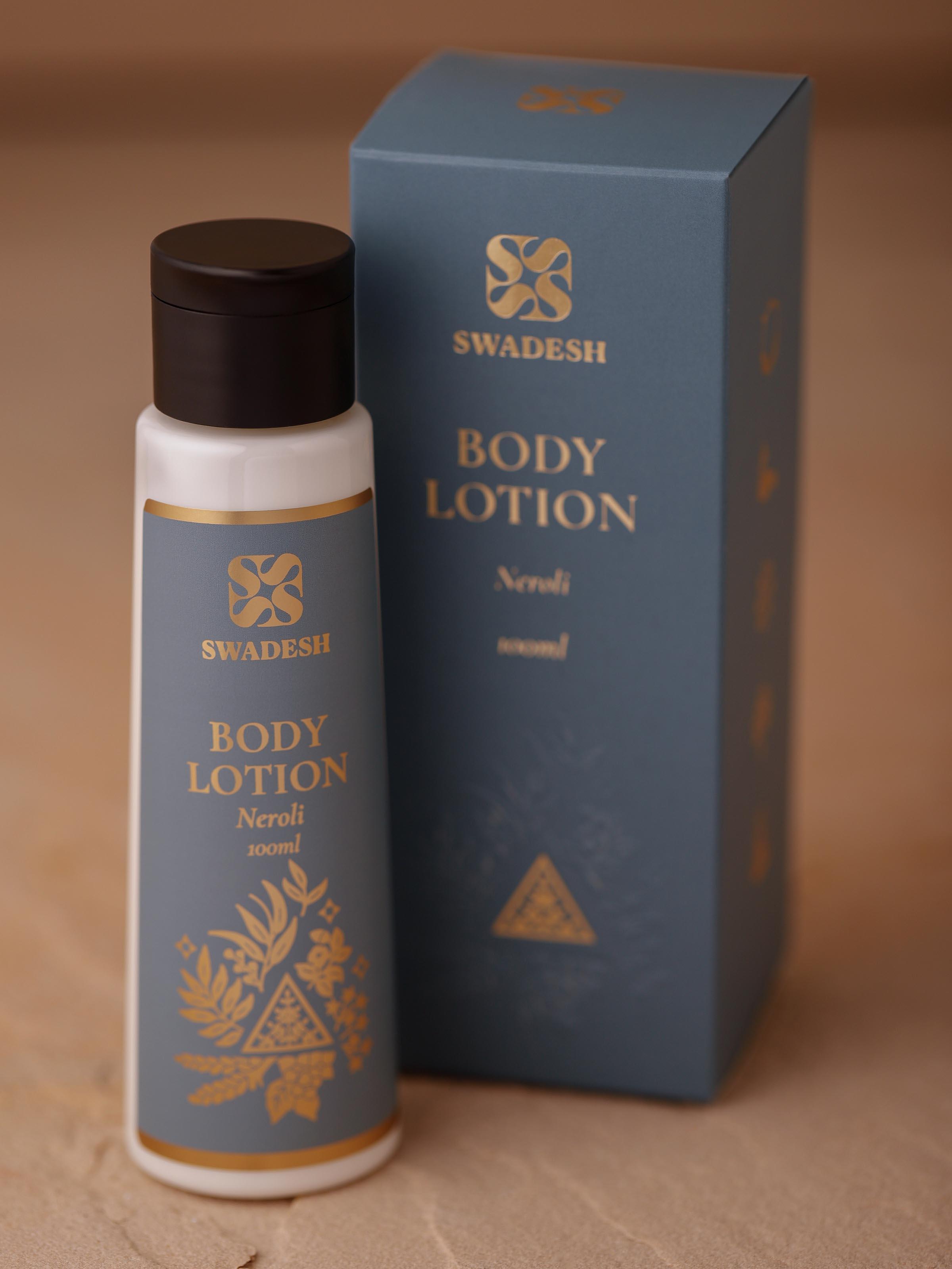 Back view of Body Lotion Neroli showing the ingredients list and usage instructions on the product packaging.