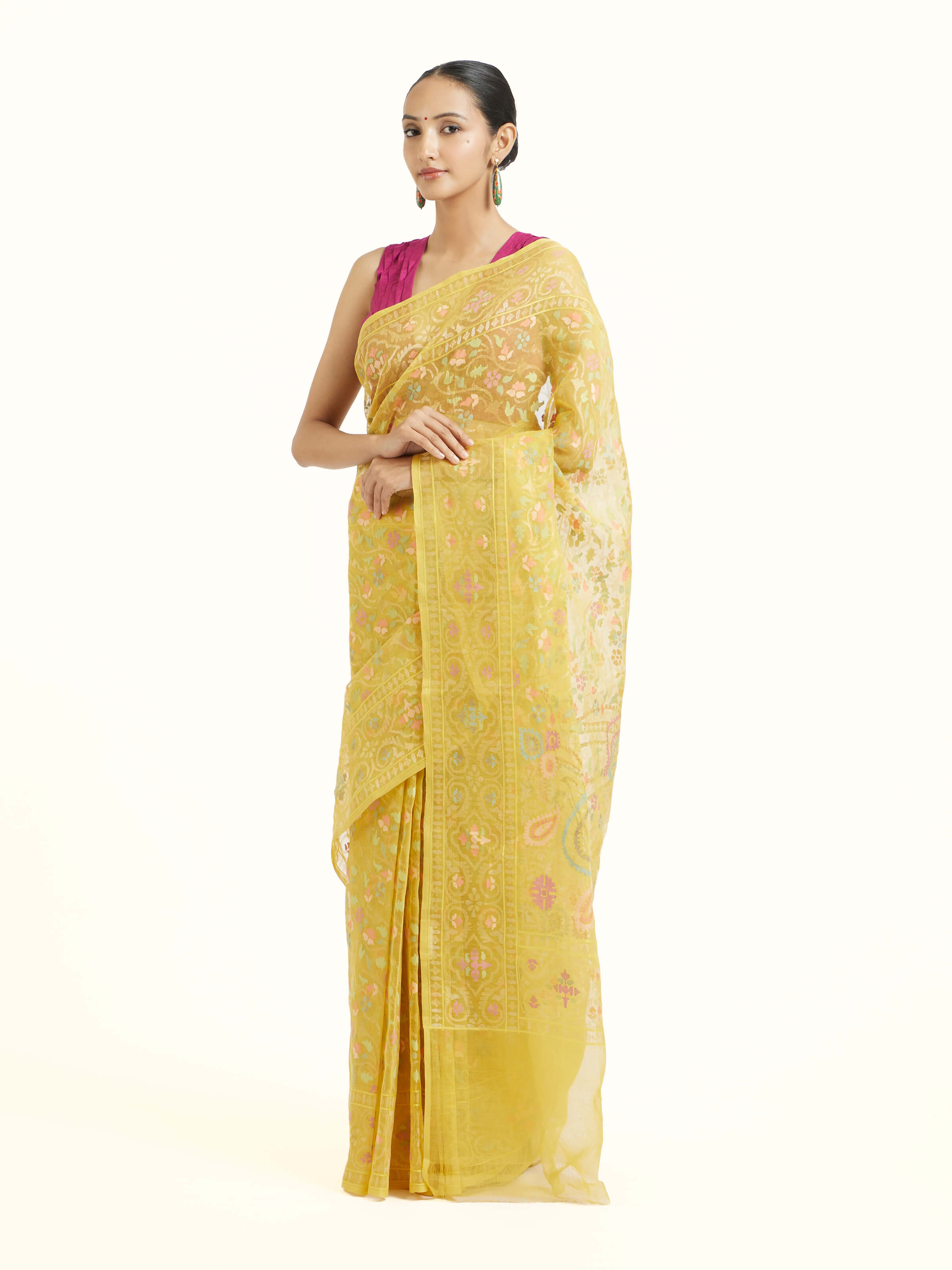 Side view of cotton Awadh Jamdani Banarasi saree showcasing elegant drape