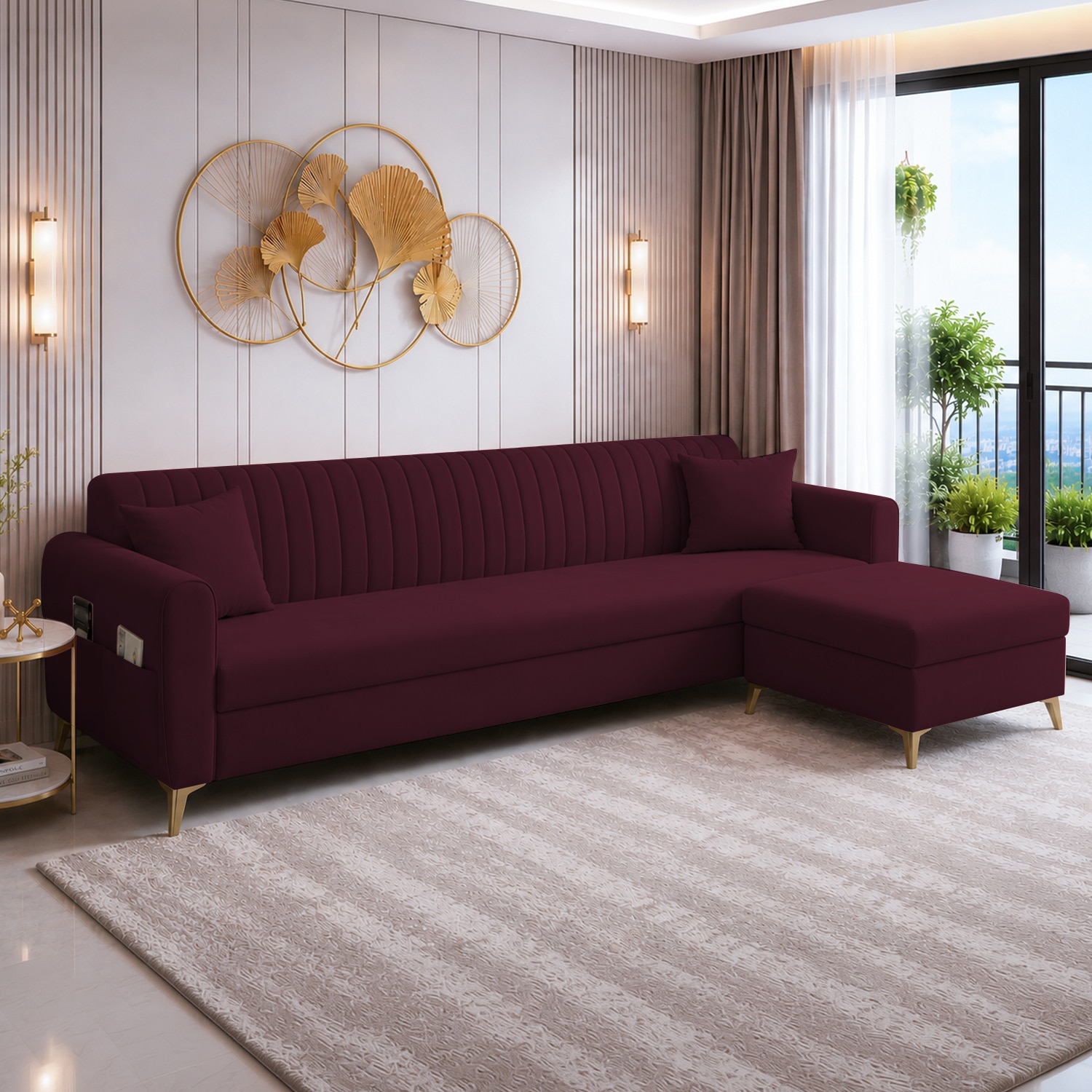 Daraco Velvet L shape 5 Seater Sofa in red wine color - Home Lifestylez