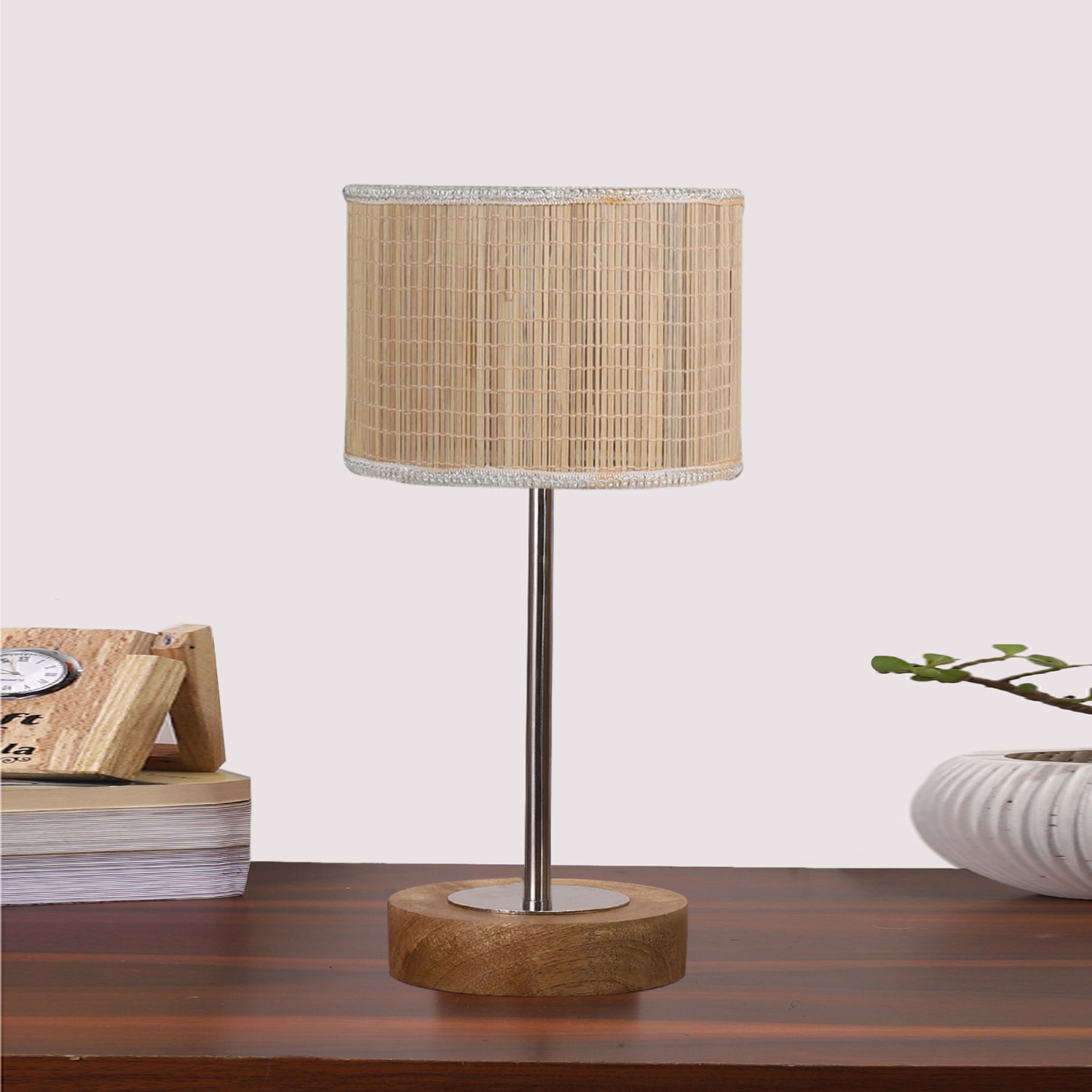 Devansh Bamboo Table Lamp With Natural  Wood Base  & Steel Pipe  -(7X17 Inches) - Devansh
