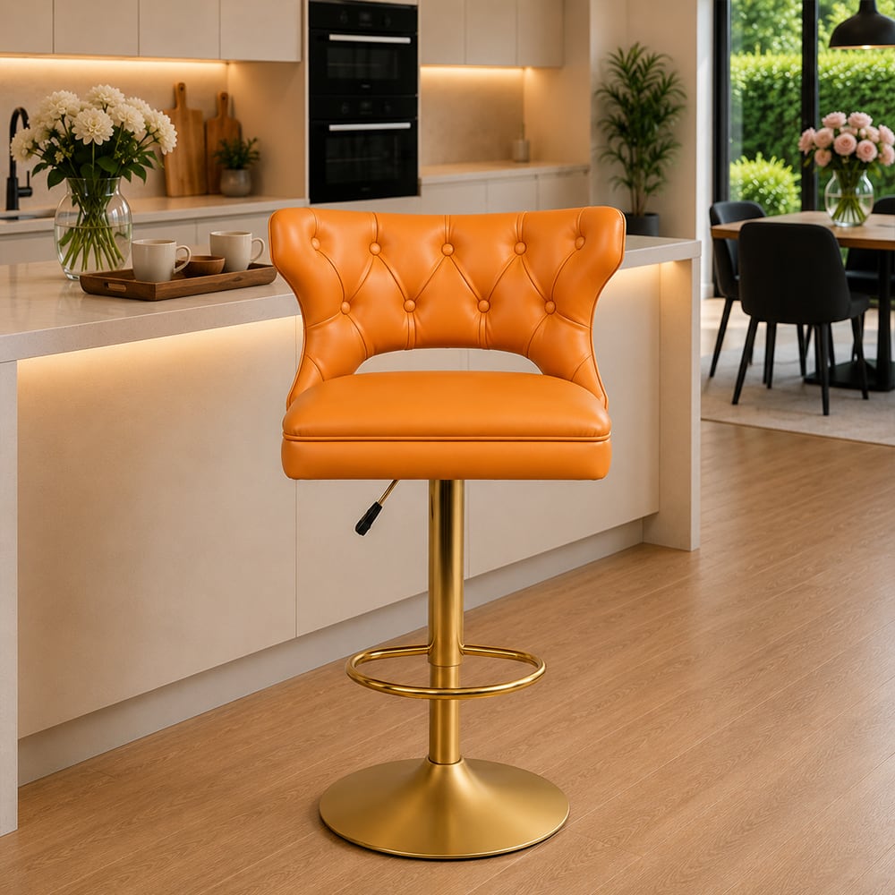 Doe Buck Verona Faux Leather Adjustable Bar Stool in Tan Colour with Gold Base - Doe Buck