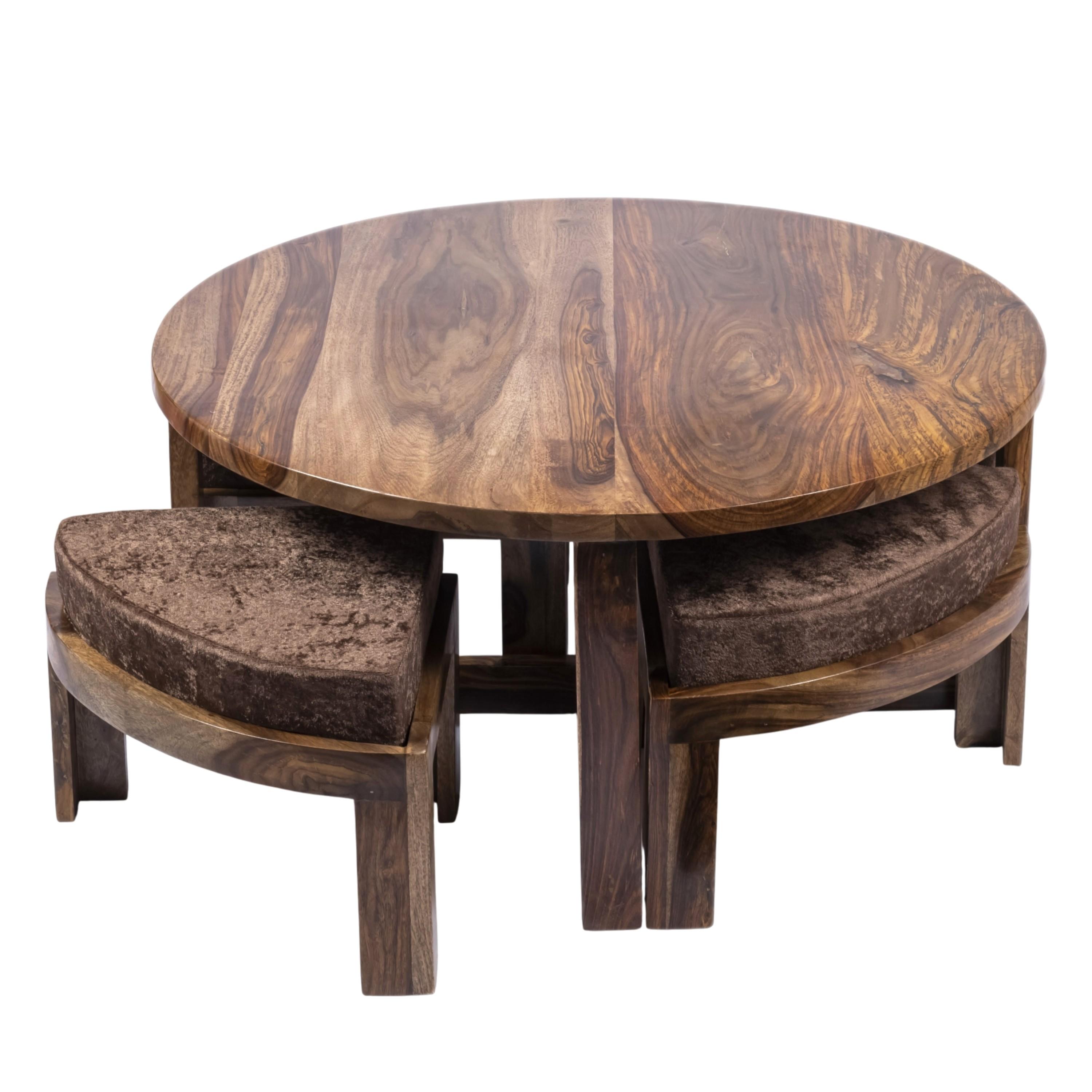 Nashville Sheesham Wood 4 Seater Coffee Table Set In Teak Finish Brown Sparkle Velvet Cushion