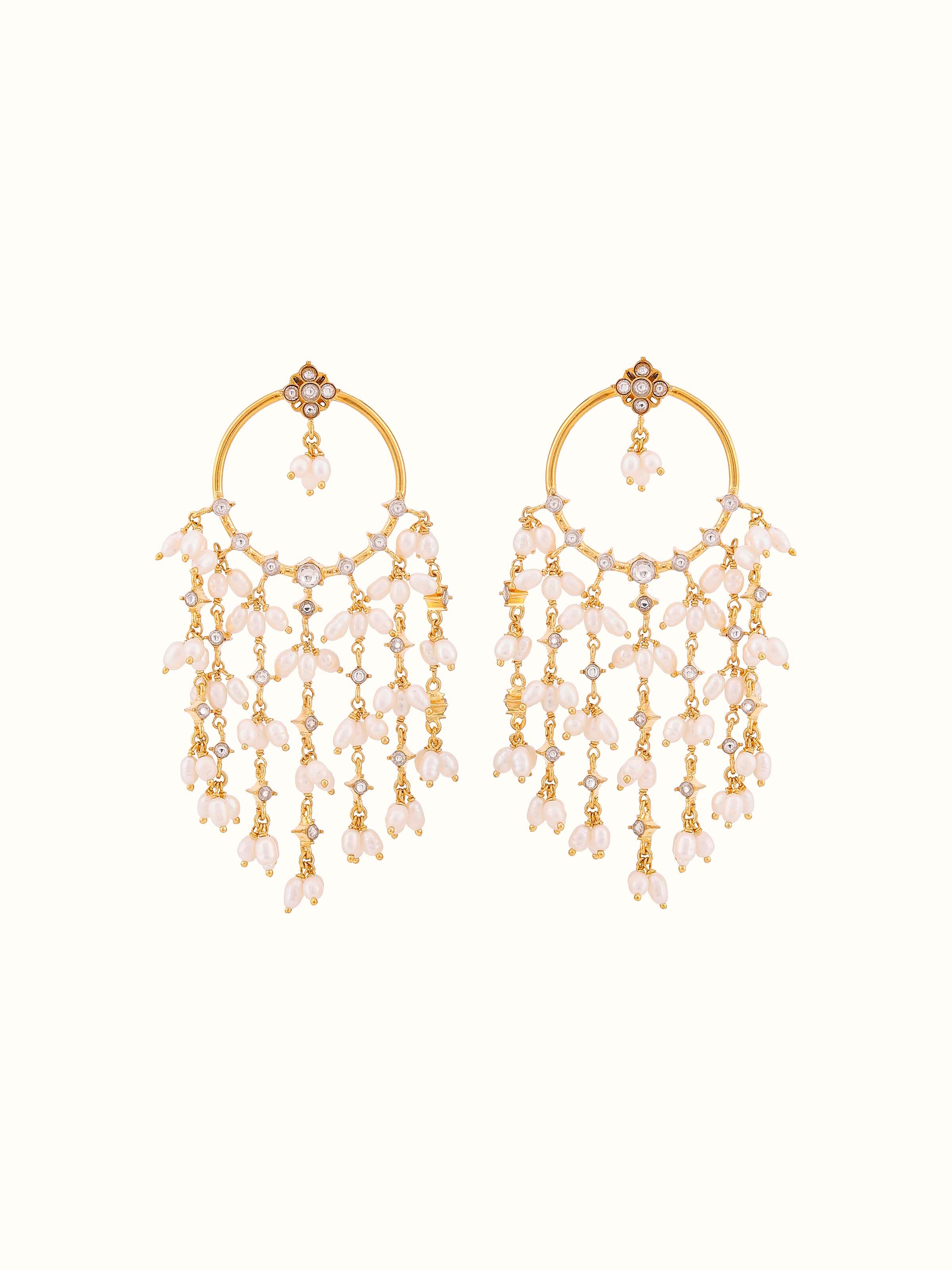 Front view of another pair of Guttapusalu Silver Drop Earrings with pearl strands cascading from a decorated silver top.