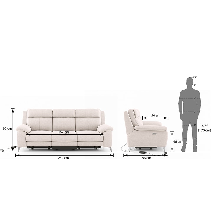 Emila Fabric Three Seater Motorized Recliner in Cream Colour