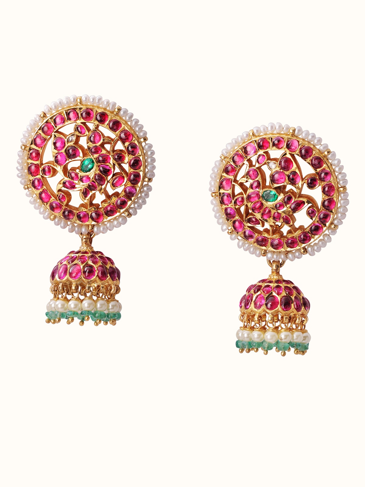 Angled view of Kundala Velai 22 Karat Gold Jhumkas showcasing elegant curves and gold detailing