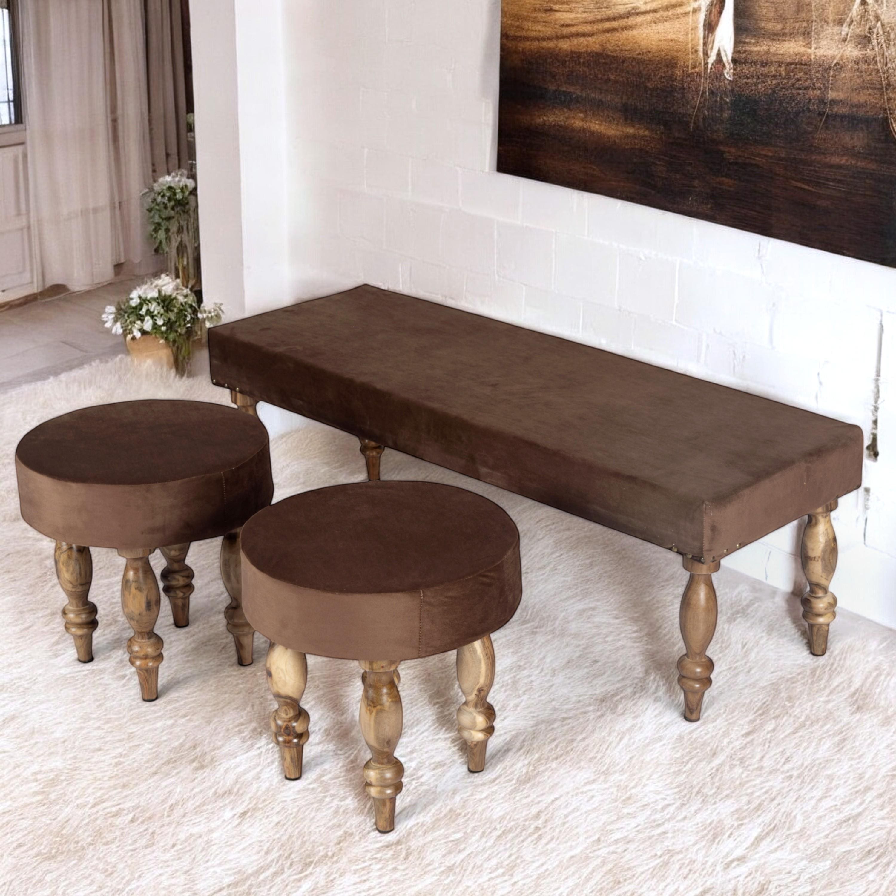 Cairo Sheesham Wood Accent 3+1+1 Seater Bench Set With 2 Stools In Taupe Brown Velvet