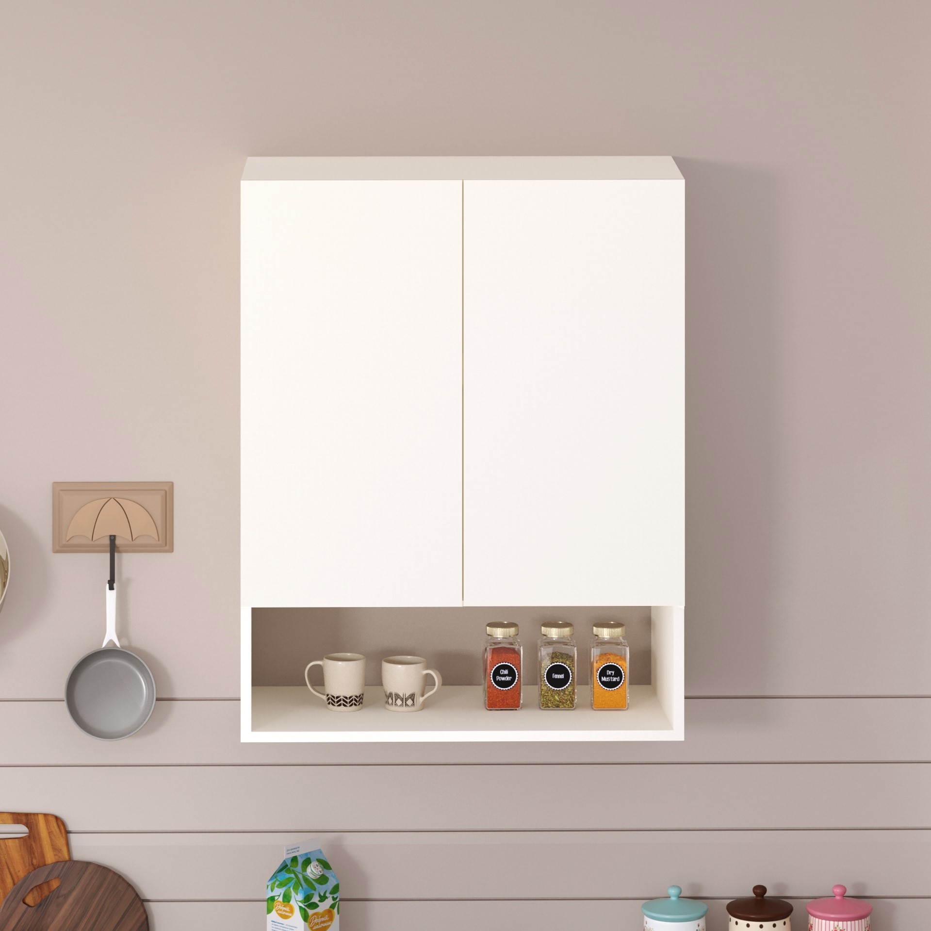 BLUEWUD Opryt with Shelf Kitchen Cabinet Rack, Wall Mounted Storage Crockery Cabinet Unit for Kitchen Utensils, Jars, Spices, Space Saving Modular Cupboard for Home & Kitchen DIY (White)