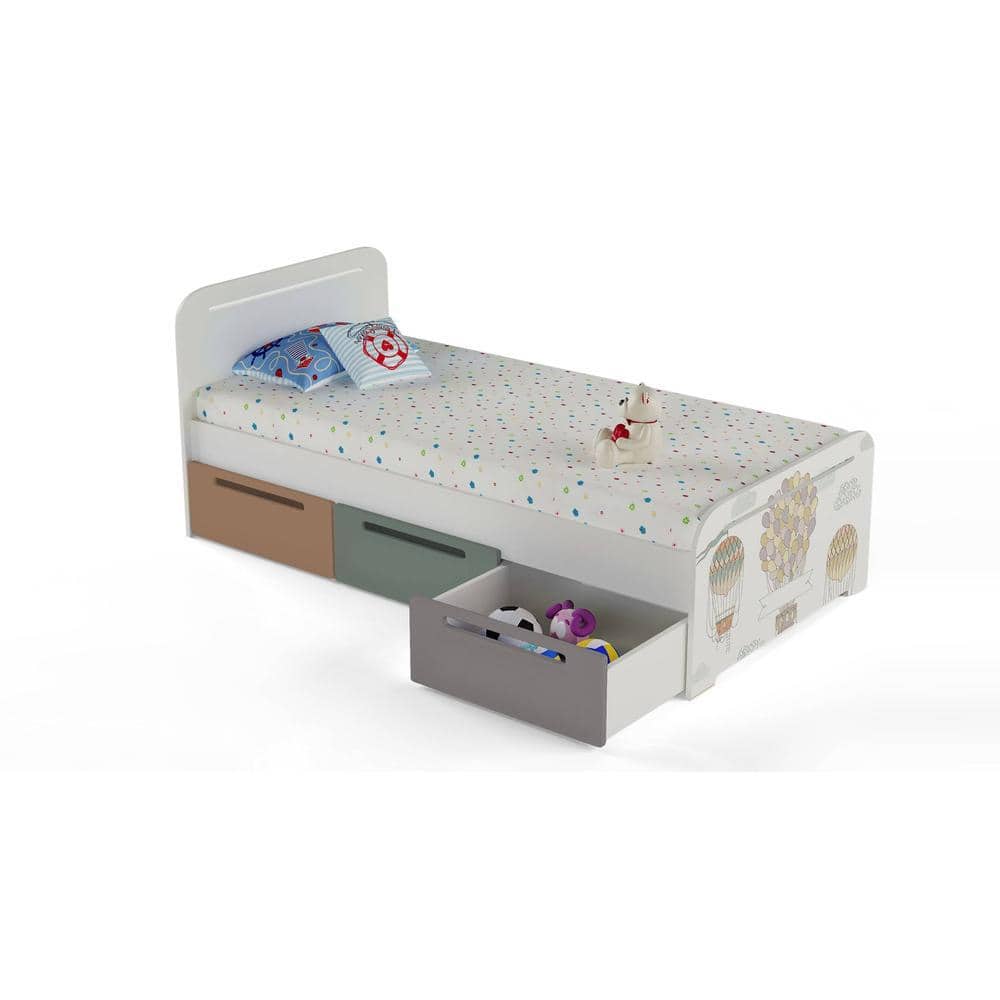 Cloud Tails Engineered Wood Drawer Storage Bed in Light Grey Colour