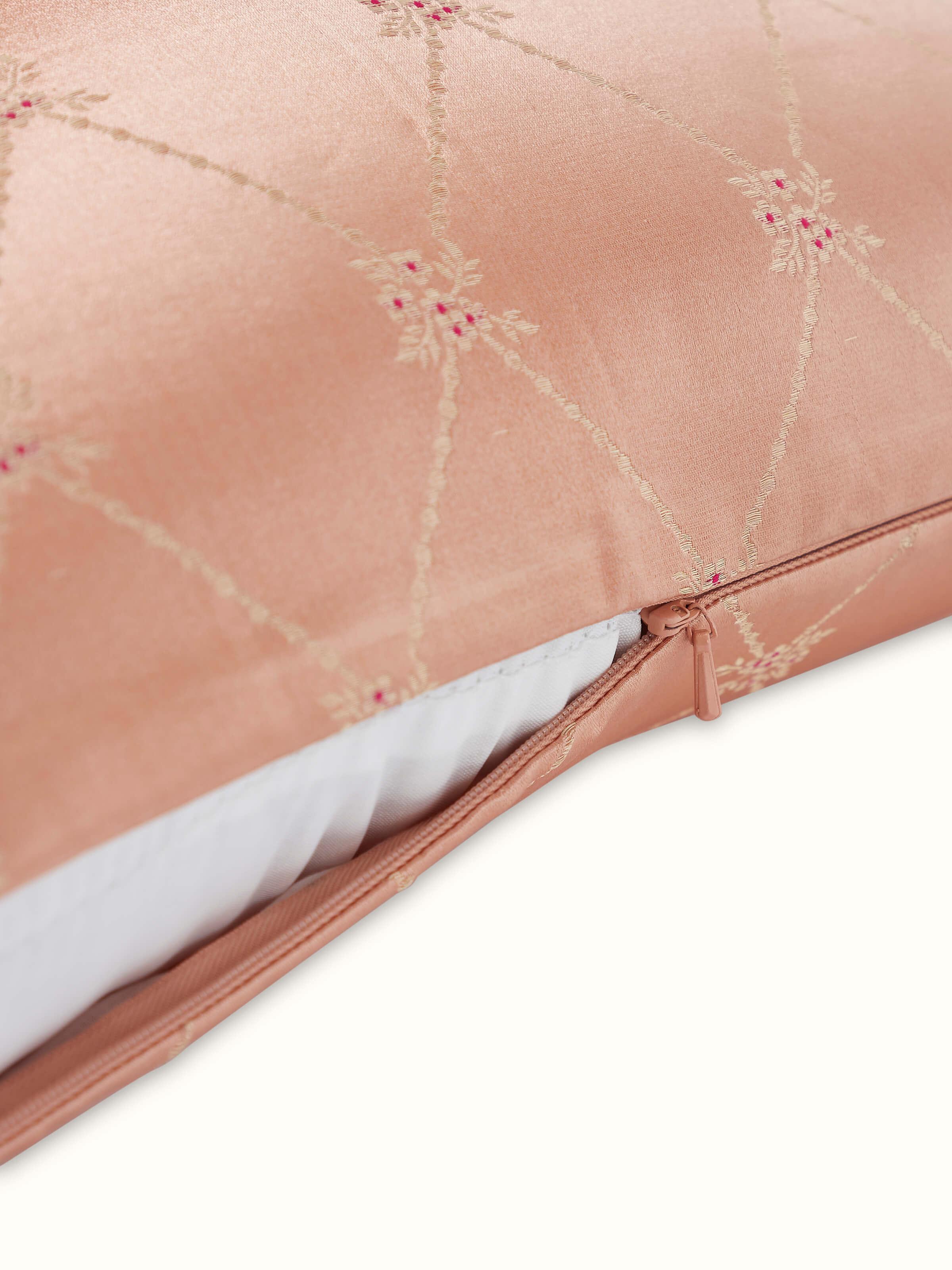 Awadh Peach Banarasi Handloom Silk Cushion Cover