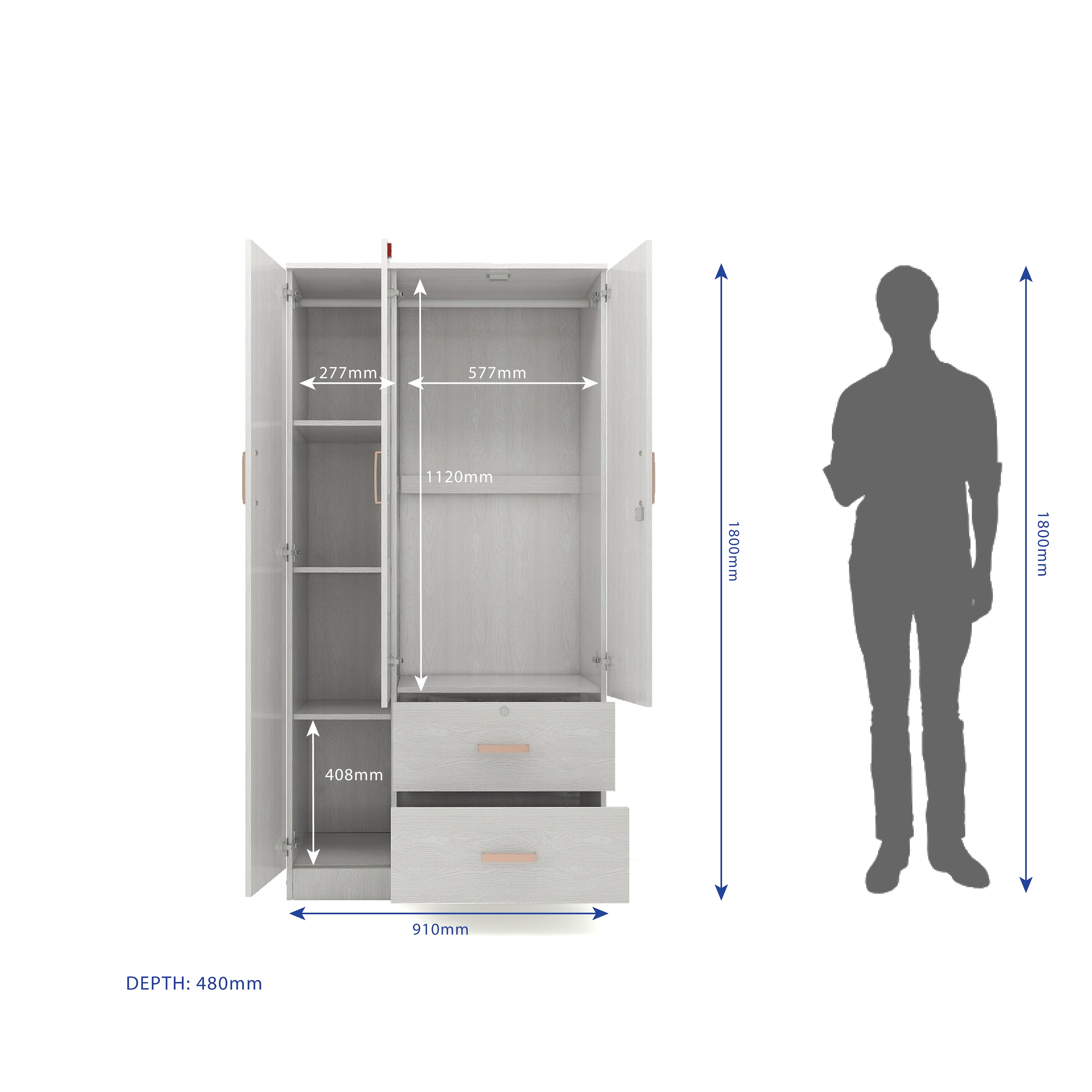 Ren 3 Door Engineered Wood Wardrobe in Silver Oak Finish