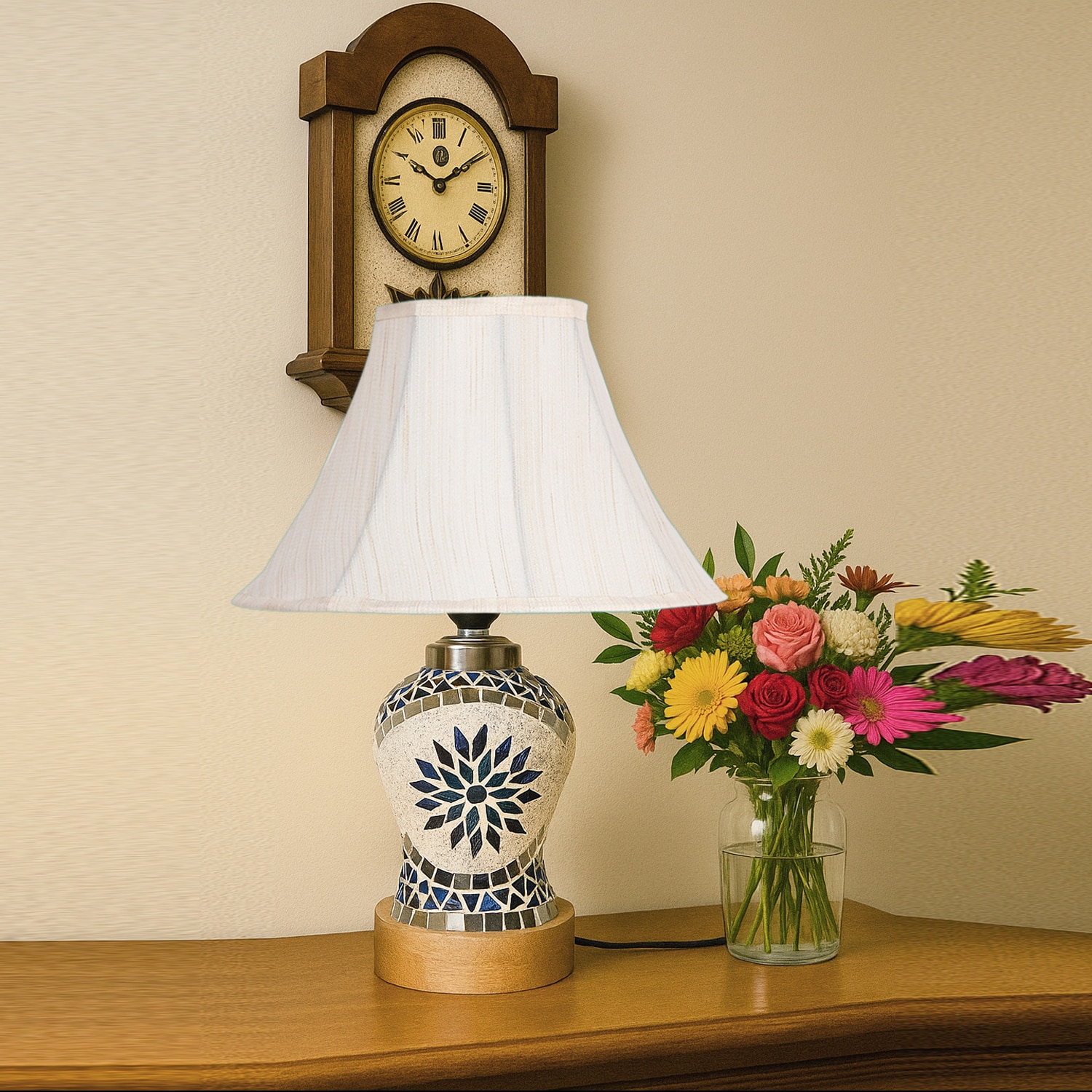 Devansh Off-White Cotton Shade Lamp With Wood & Mosaic Glass Base For Decoration/Office/Home/Gifting/Study For Decoration/Office/Home/Gifting/Study