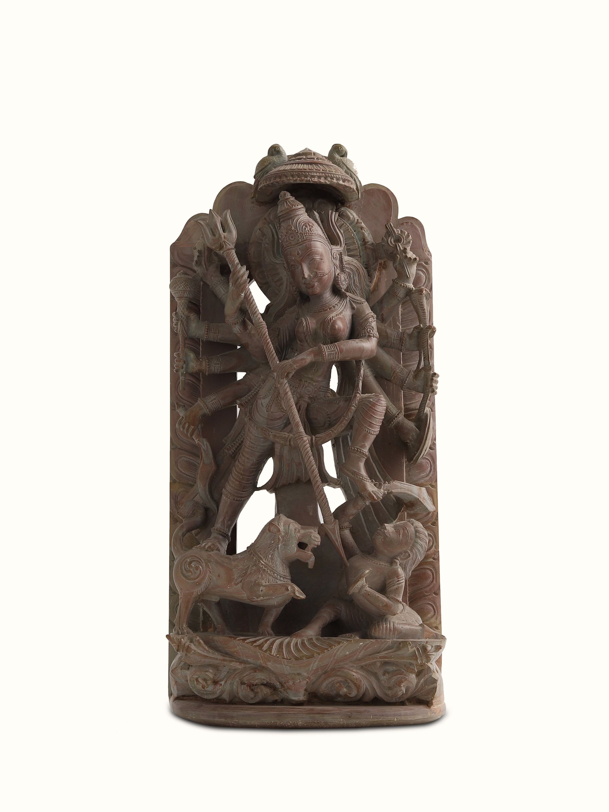 Front view of Stone Devi Idol, capturing the powerful gaze and intricately chiseled deity features.