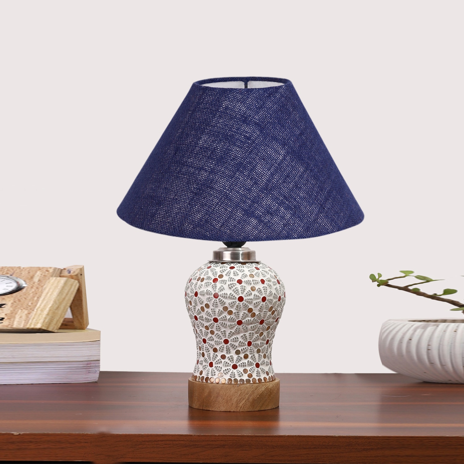 Devansh Conical Blue Jute Shade Lamp With Wood & Mosaic Glass Base For Decoration/Office/Home/Gifting/Study For Decoration/Office/Home/Gifting/Study -(10X10X14.5) Inches -A