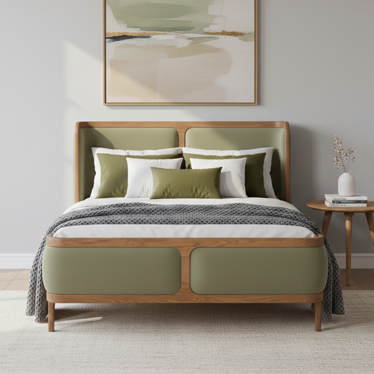 Valerio Duo-Panel Luxe Queen Size Bed in Green colour Velvet with Oak wood Frame - Nestroots