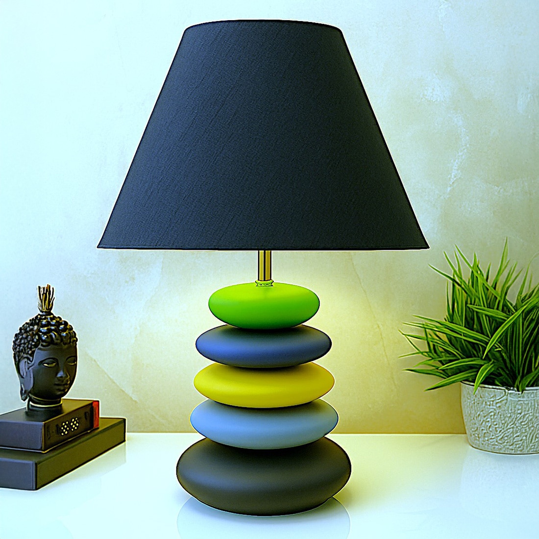Multicolour Handpainted And Hancarved Distress Wooden Stone Finish Table Lamp