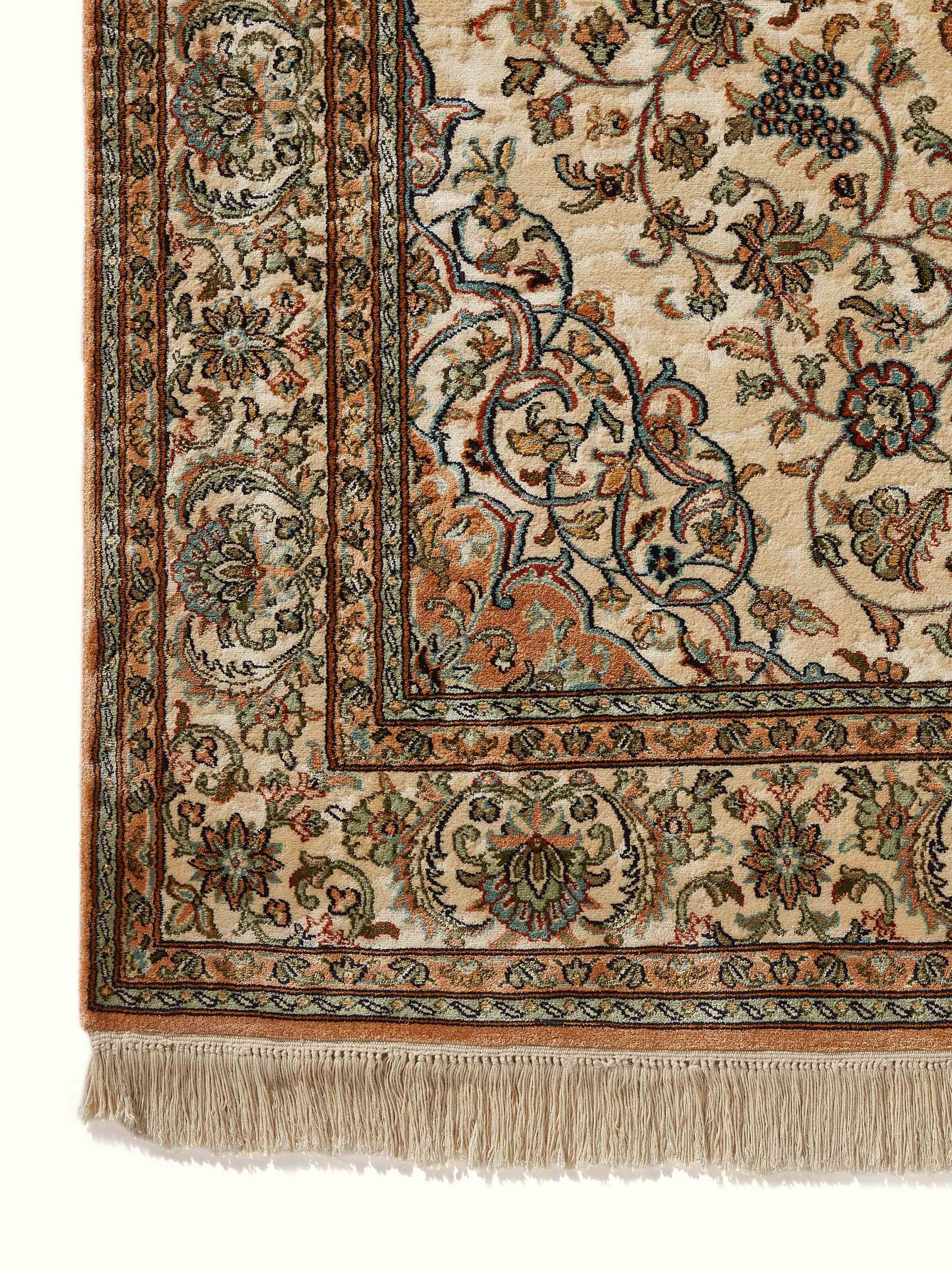 Traditional Persian Ivory Sadakdar Kashmir Silk Hand-knotted Runner