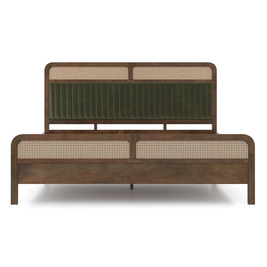 Hanoi Solid Wood Cane King Size Nonstorage Bed In Danish Walnut Finish Fabric Deep Olive